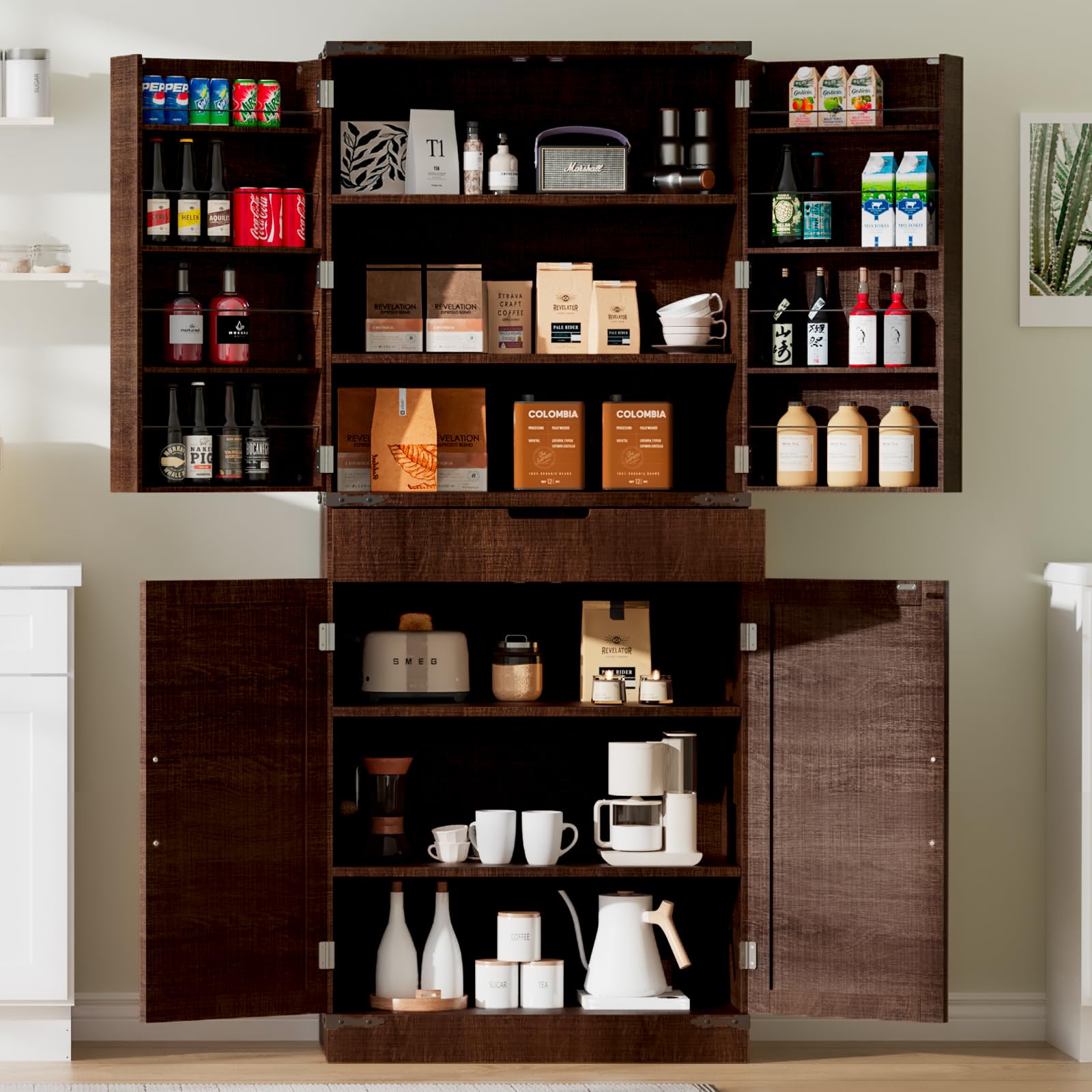 7234 tall storage cabinet kitchen pantry cabinet with adjustable shelves amp sturdy steel frame farmhouse pantry storage with 4 barn doors for kitchen dining room and living room dark grey