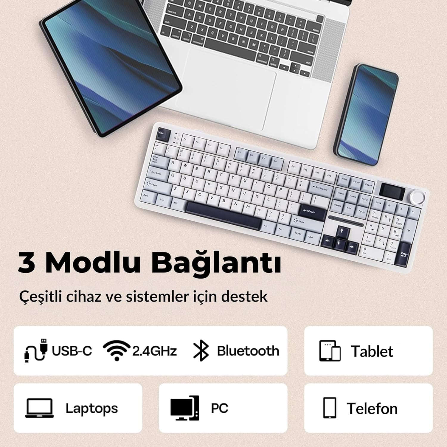 AULA F108 PRO Tastiera da gioco wireless con schermo, batteria da 8000 mAh, 104 tasti e manopola sostituibili a caldo e programmabili, retroilluminazione RGB, per Mac/PC/Android.