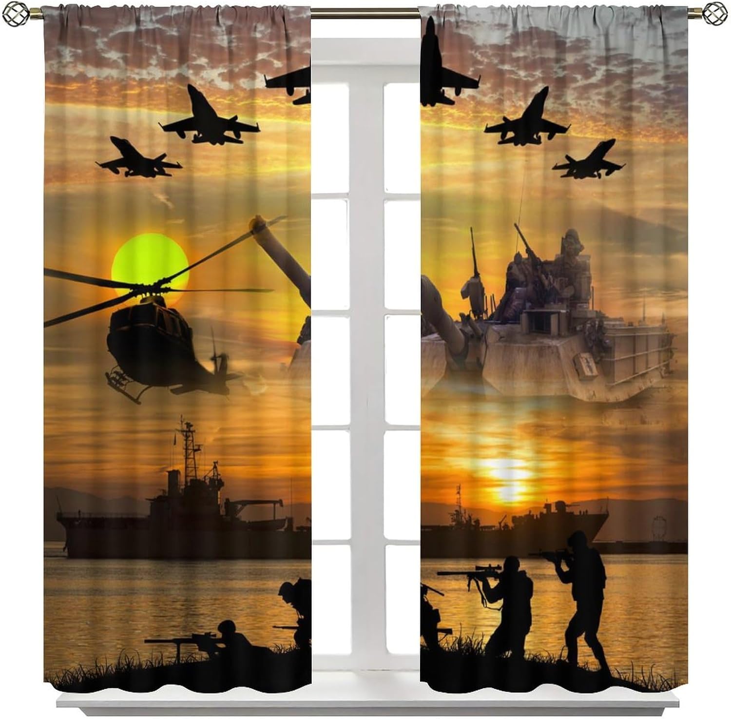 Brebasf Cool American Soldier Theme Blackout Curtains for Bedroom,Rustic Teen Room Decor Fighter Aircraft Print Room Darkening Window Curtains with Rod Pocket - 2 Panels 45" L x 21" W