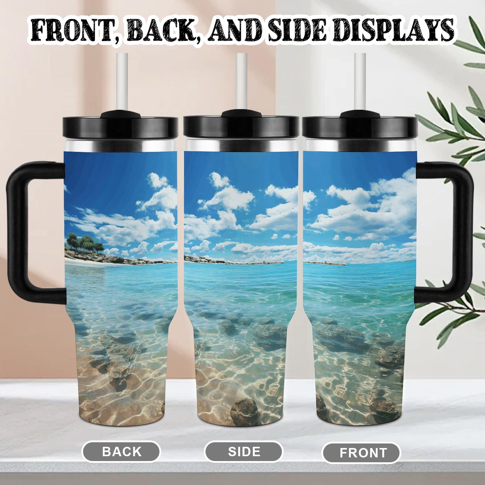 Scenic - Vaso de café de viaje de acero inoxidable, taza de café con tapa y popote, taza con asa, gran capacidad, doble pared al vacío a prueba de fugas, taza térmica de café helado, 40 onzas