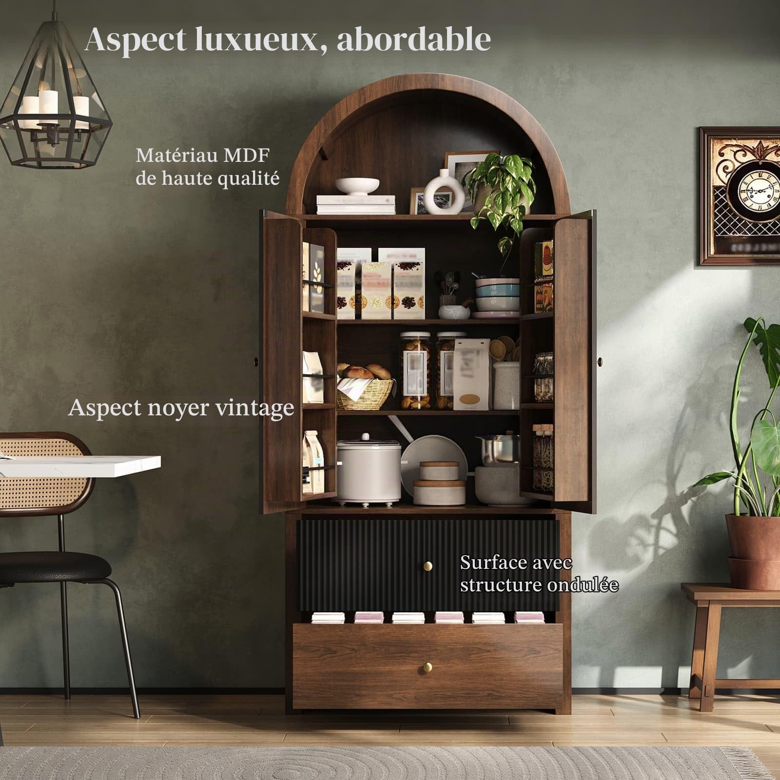 KOMHTOM Armoire de Rangement Haute, Armoire en Bois, Meuble de Rangement, Conception avec Dessus Incurvé, 3 Tiroirs, 2 Portes, pour Cuisine et Salon (Noir+Naturel)