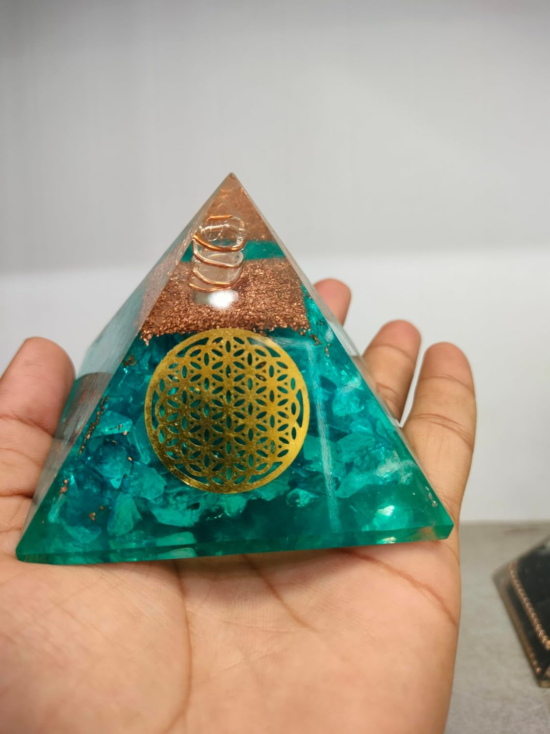 Blue Aquamarine Orgone Pyramid – EMF Protection & Positive Energy | Healing Crystal Pyramid for Anxiety Relief, Meditation & Reiki