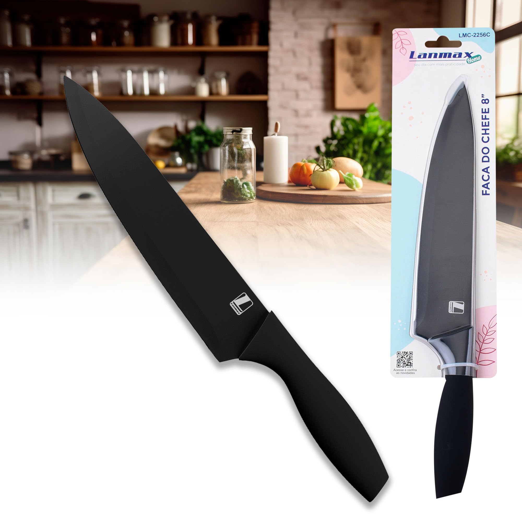 Faca De Cozinha Aço Inox Profissional 8" Do Chef Lanmax Design Ergonômico, Confortável e