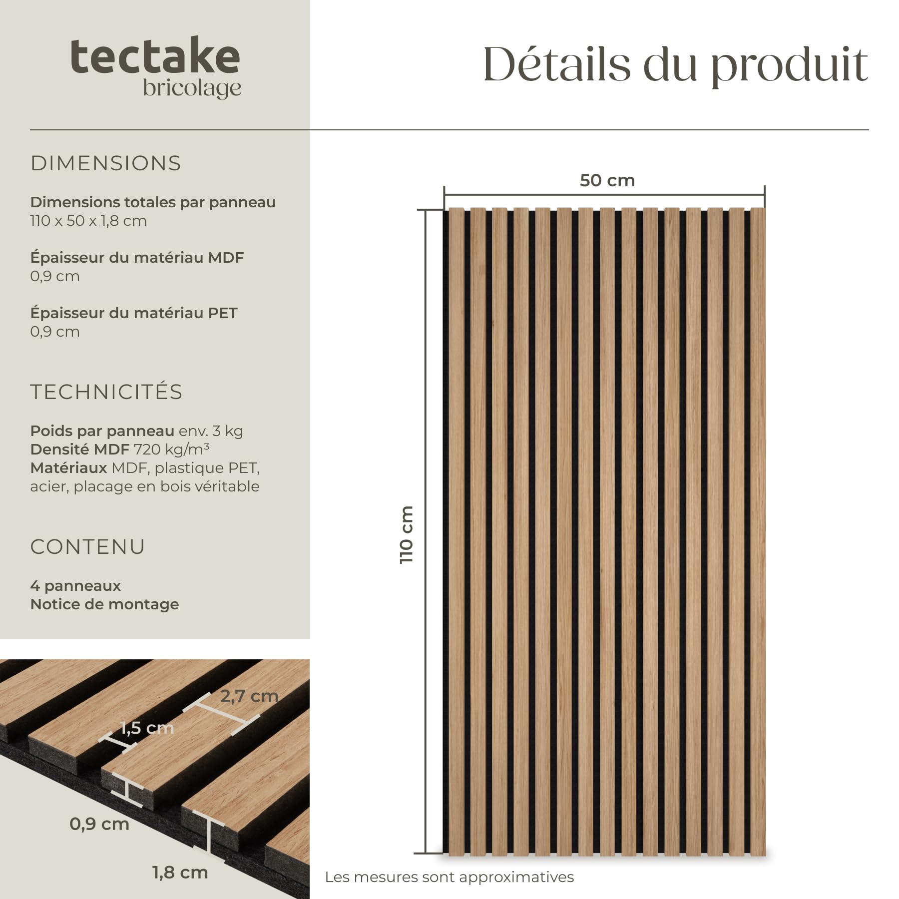 tectake® Lot de 4 Panneaux Acoustiques muraux et pour plafond, en Bois MDF, 110 x 50 x 1,8 cm, Feutre insonorisant, Panneau Mural decoratif pour Isolation phonique Chambre, Bureau, Studio de musique