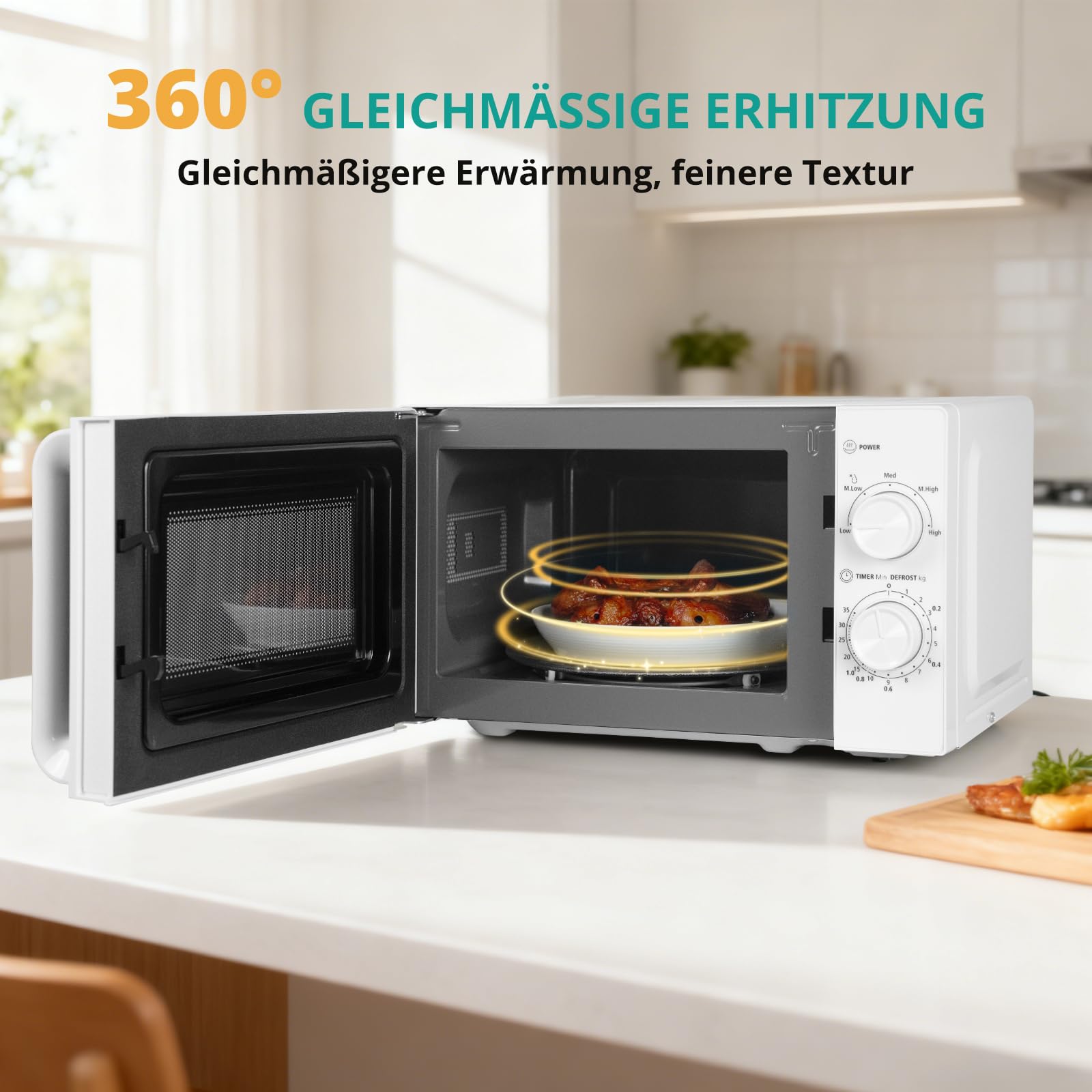 SMETA Mikrowelle 20L, Mikrowelle Klein 700W, 5 Leistungsstufen, Auftaufunktion nach Zeit und Gewicht, mechanische Steuerung, Solo mikrowellen mit 360°Drehteller Ø255 mm, für Küche und Büro, Weiß