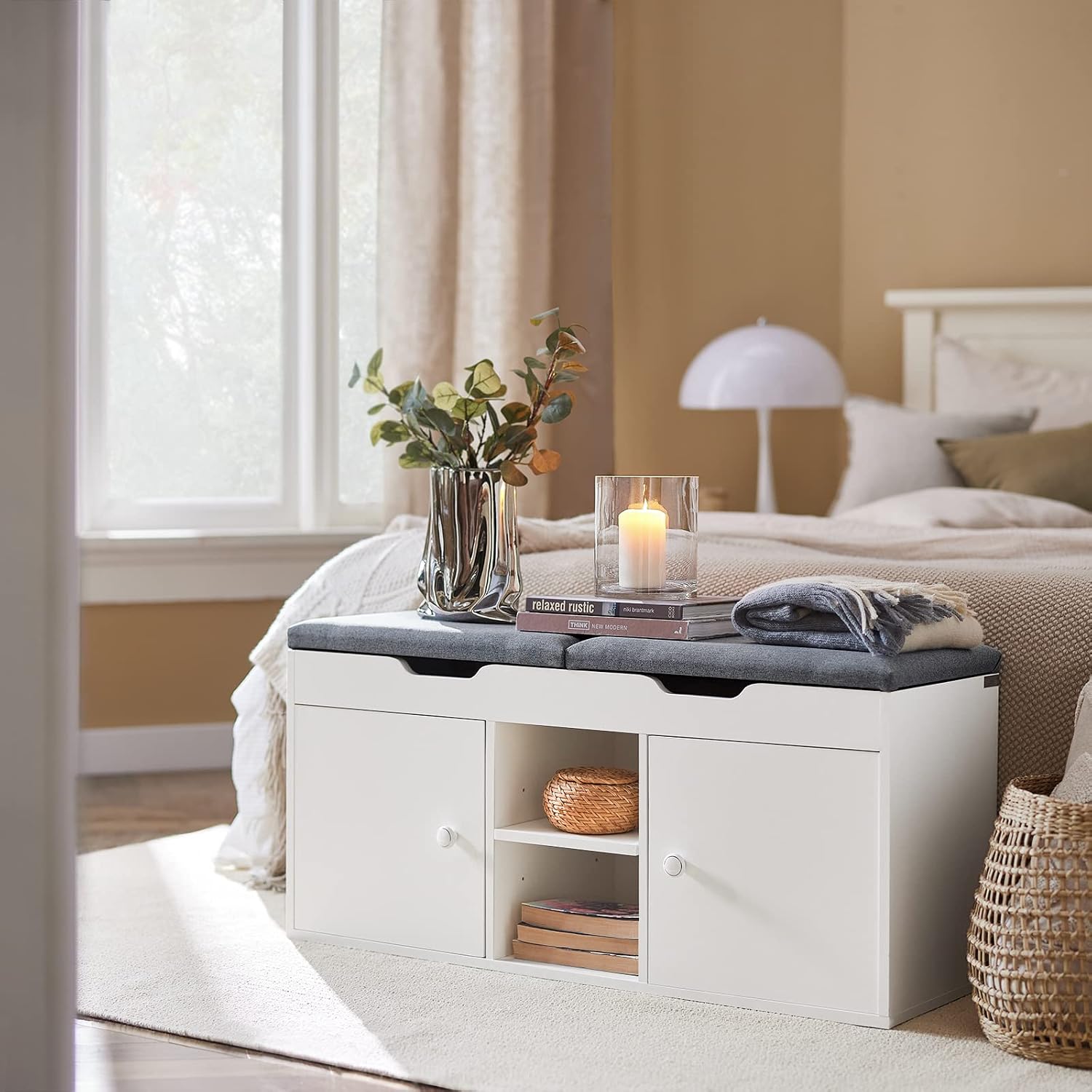 SoBuy FSR96-W, Shoe Rack Shoe Bench Shoe Cabinet with 2 Folding Padded Seats and 2 Doors, W100 x D34 x H48cm image 5