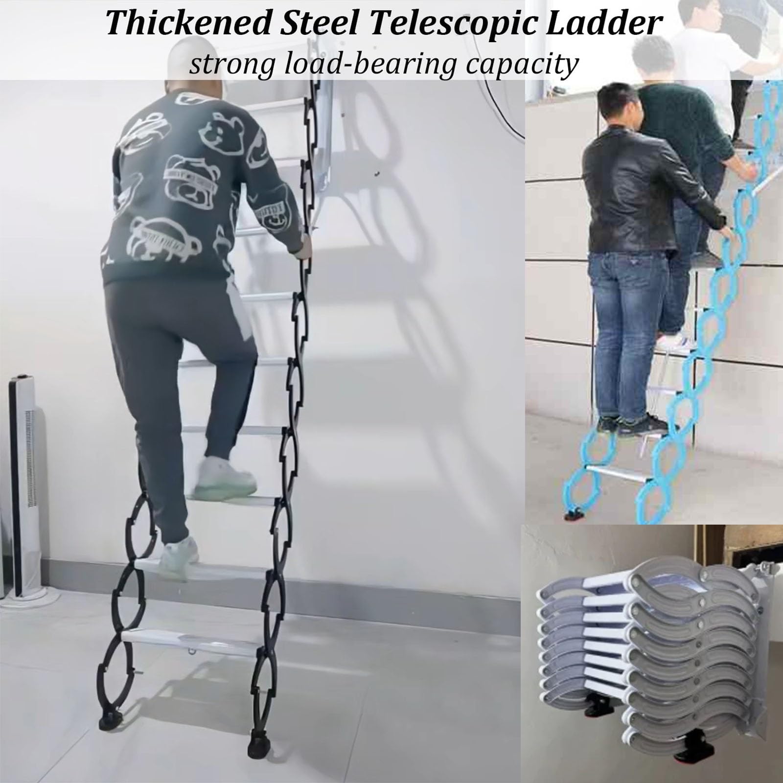 Escalera Plegable retráctil para ático, Escalera Plegable de Pared para ático, con Montaje en Techo, Escalera telescópica para Exteriores, Acero, Capacidad de 300 kg(8 Steps 205CM/80.7IN)