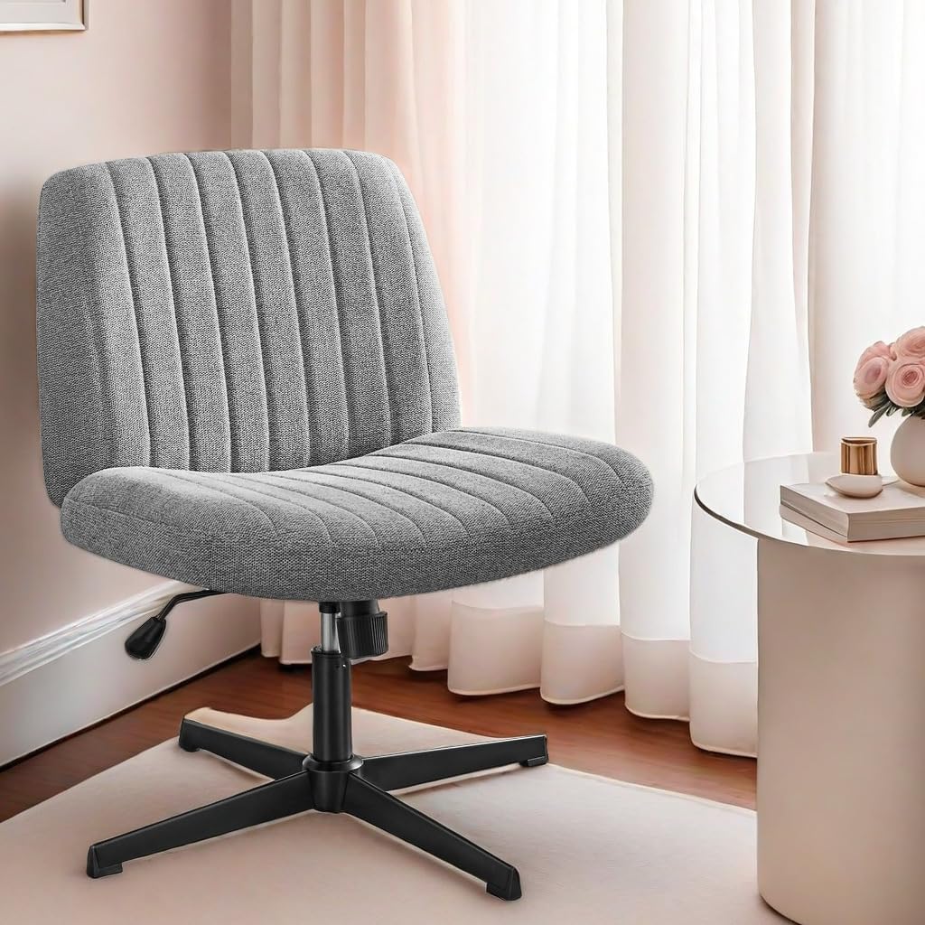 Armless Criss Cross Chair with No Wheels, Adjustable Height Office Desk Chair, Wide Comfy Vanity Chair with Back for Home Office Bedroom, Grey Cloth Stripe