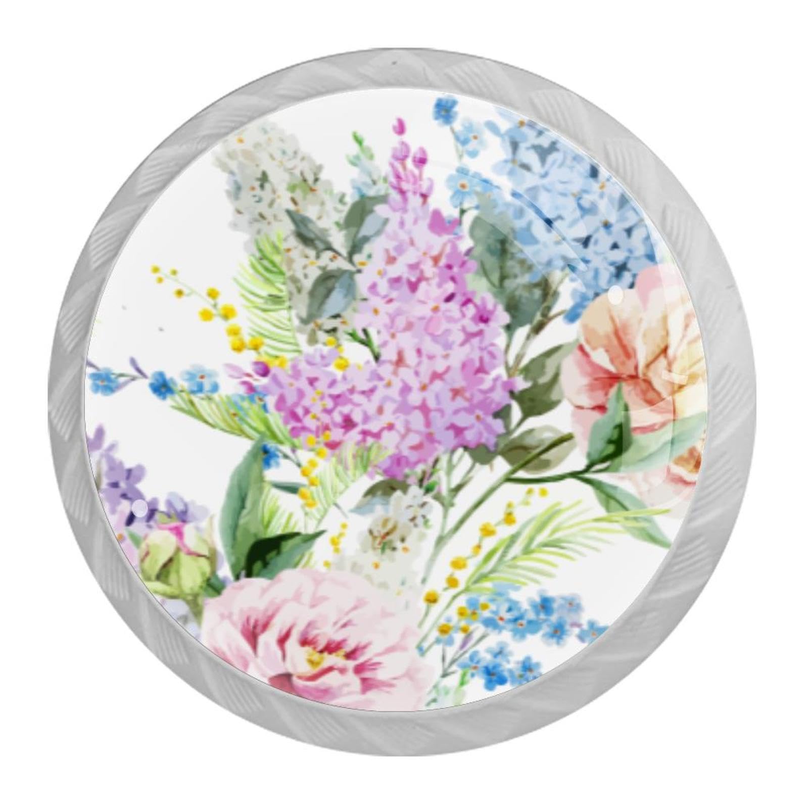 Tqmspg 4 Pieces Drawer Pulls Watercolor Lilac Peony Flowers Door Knobs Dresser Handles for Kitchen Wardrobe Cupboard Hardware Furniture