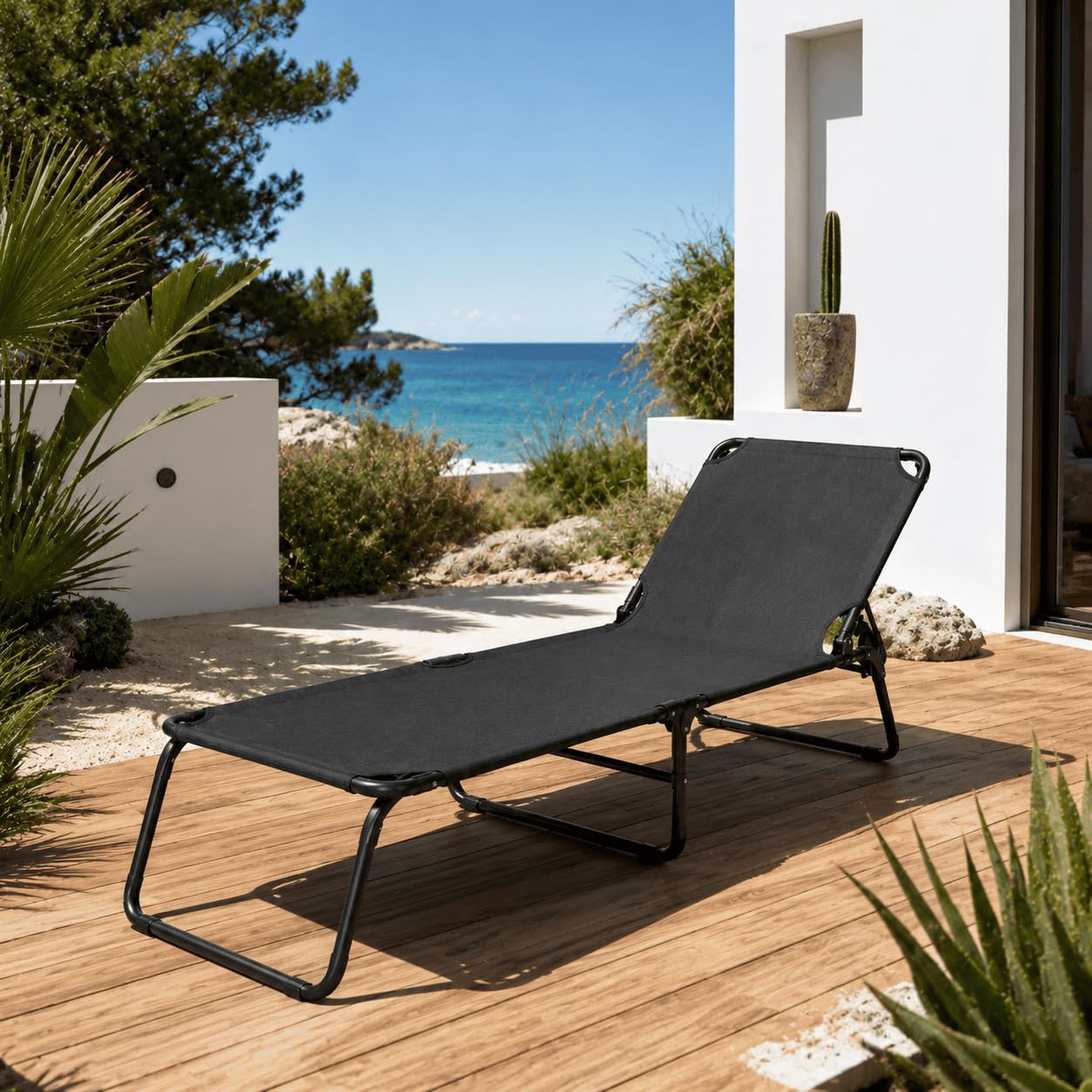 Lettino Pieghevole Prendisole Senza Tettuccio Parasole Schienale Reclinabile Regolabile Struttura In Metallo Nero Sedia Sdraio Per Spiaggia Mare Giardino Piscina 187 x 53 x 24 Cm Nero