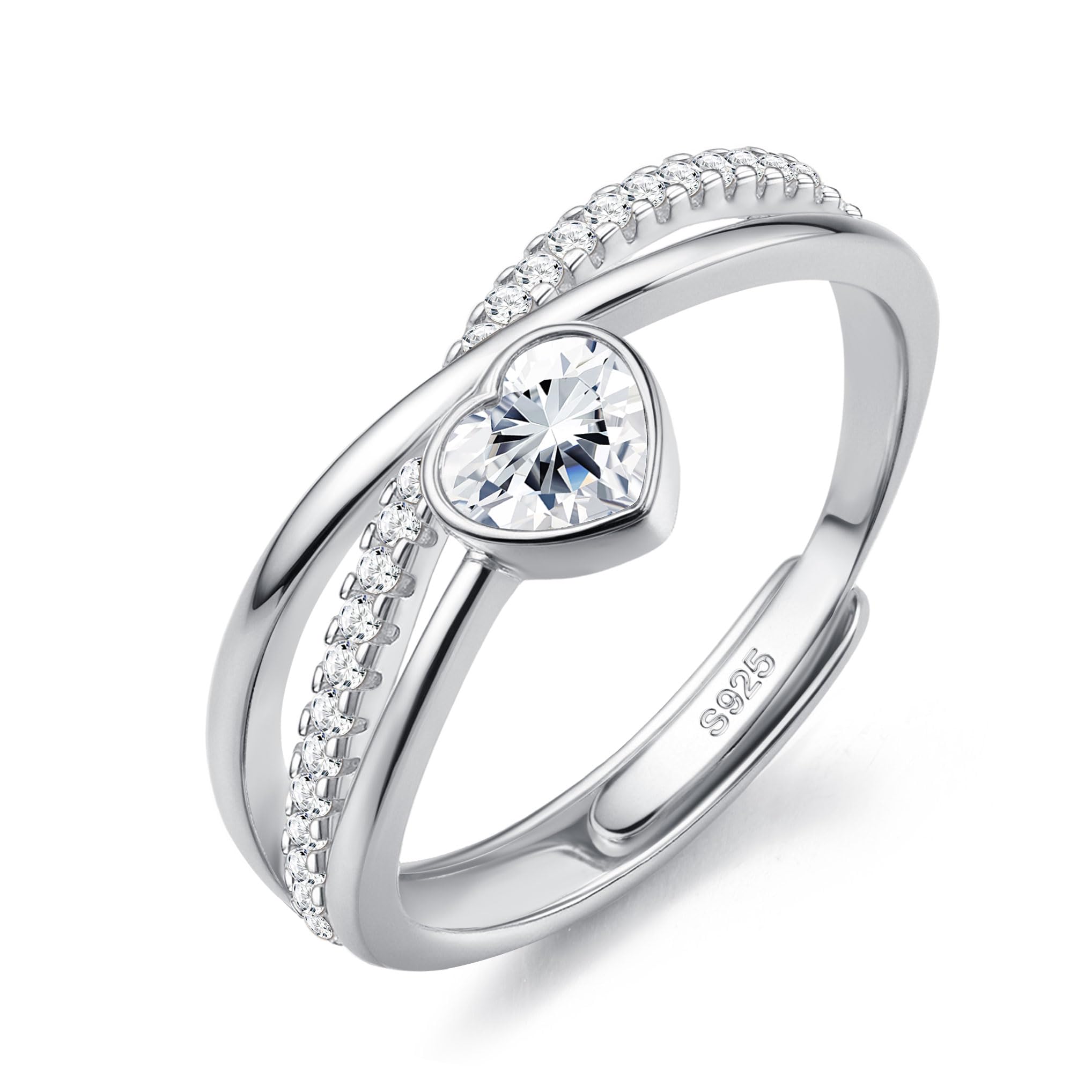 JeweBella Anillos Mujer Plata de Ley 925 Ajustable Corazón Estrella Circonita Cúbica Compromiso Boda Promesa Aniversario Regalo Plata Oro Rosa