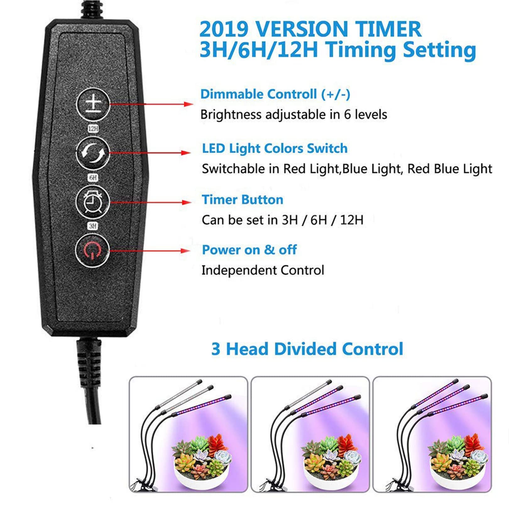 Lampada da Coltivazione per Piante da Interno, Lampada da Coltivazione a 3 Teste a Spettro completo6 con Timer, 60 LED per piantina, Crescita, fioritura