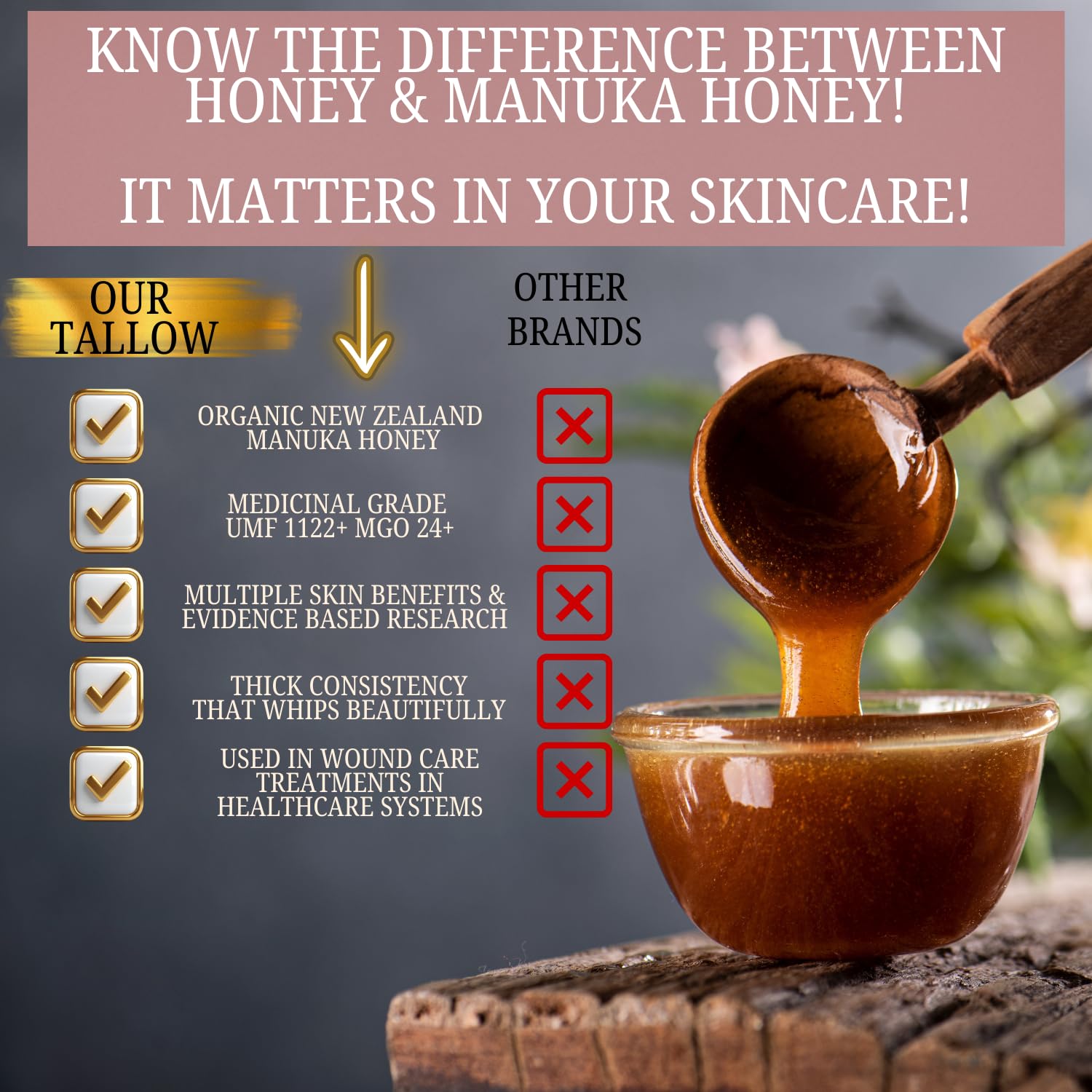 Rose-infused 100% Grass-Fed Whipped Tallow Balm-Organic Raw Manuka Honey & Organic Jojoba Oil, Rosehip Oil, Face and Body Moisturizer for Dry, Sensitive Skin, Eczema (Honey Rose)