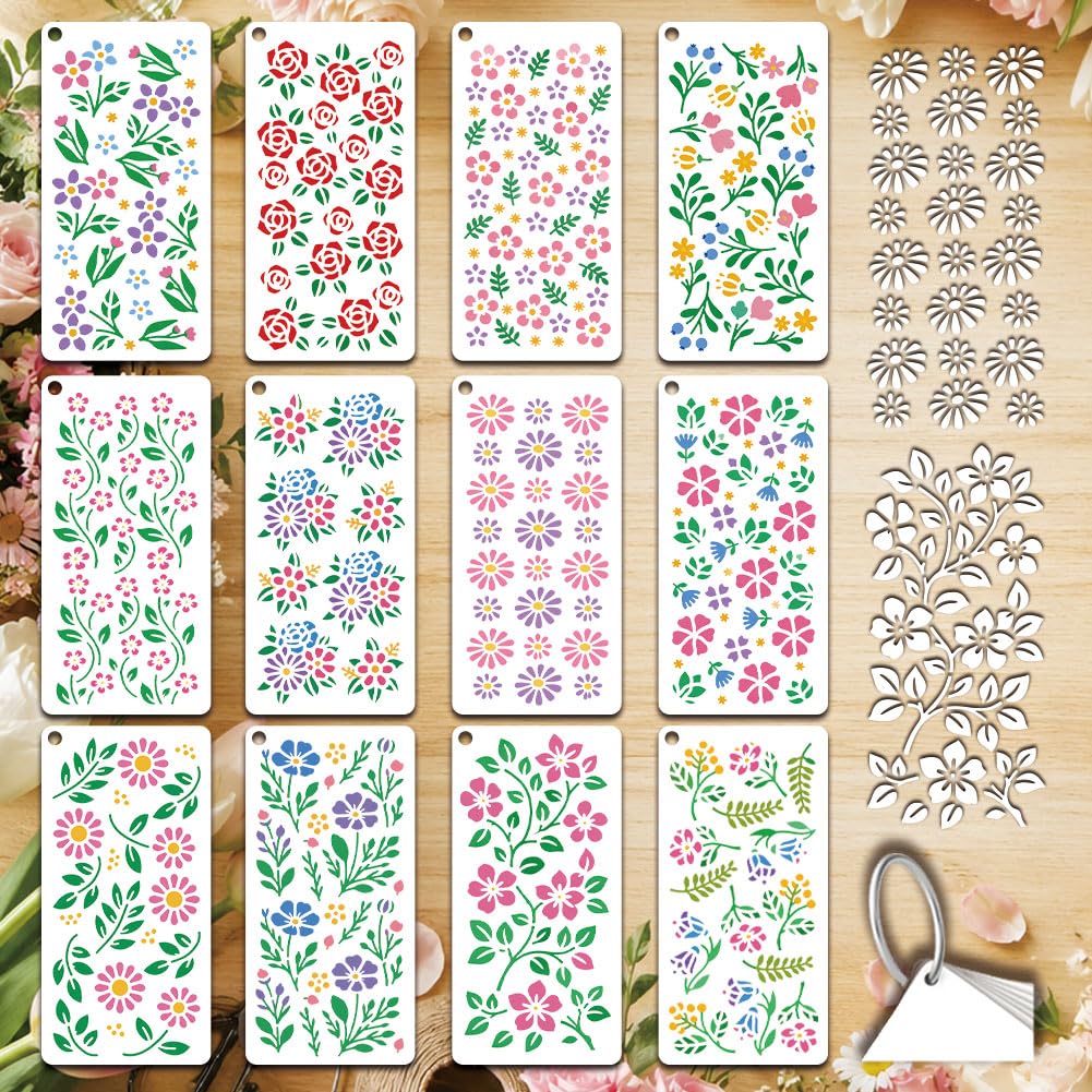 GOMAKERER 12 Sheets Floral Stencils for Painting, Ditsy Wildflower Botanical Drawing Stencil Reusable PET Wildflower Stencils for Painting on Wall Wood Home Decor
