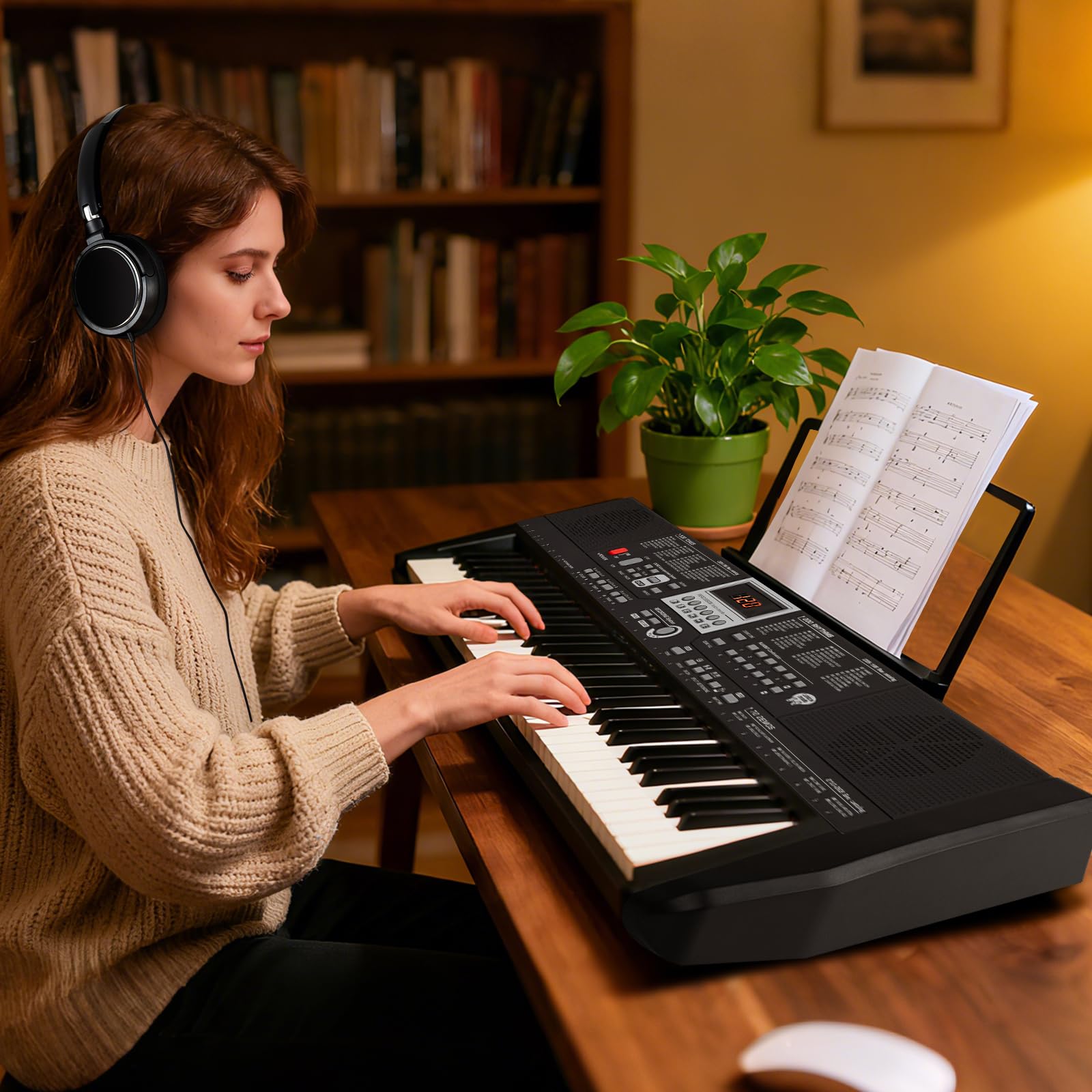 COSTWAY Piano Numérique 61 Touches avec Casque Pupitre Microphone, Clavier Piano avec 2 Haut-Parleurs, Touches Lumineuses, Mode d'apprentissage, 200 Sons 200 Rythmes 70 Démo pour Débutants