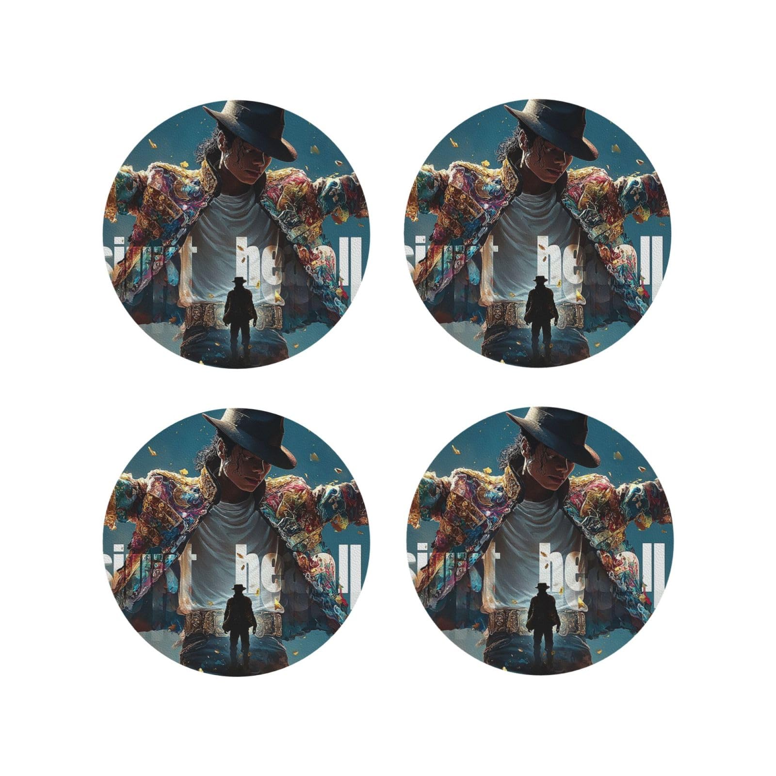 Coasters Set of 4 Round Leather Coaster Quick-Dry Drink Michael Jackson Coasters for Desk Absorbent Mugs Pads Tabletop Protection Pad Heat Resistant Coffee Cup Mat for Kitchen Bar