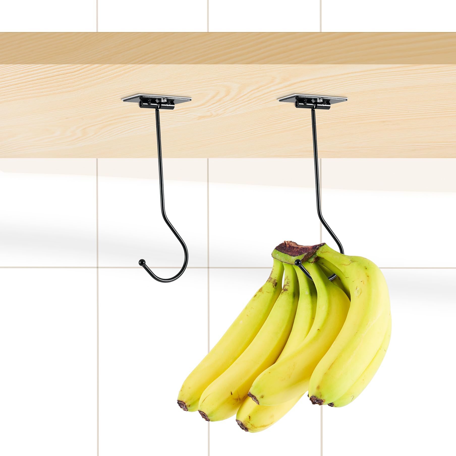 Yuzita 2-Pack Self Adhesive Banana Hook Under Cabinet,Metal Banana Hanger Hook to Keep Bananas Fresh, Foldable Banana Hook, Folds Up When Not in Use (Black)