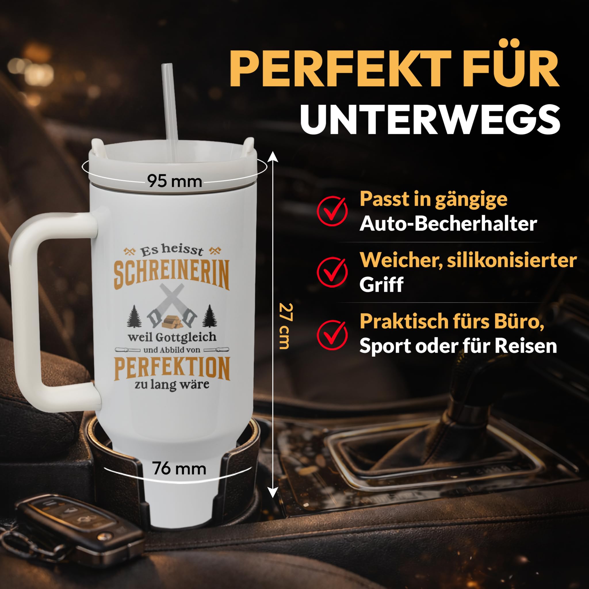 XXL Thermobecher für Schreinerinnen – Geschenk zum Geburtstag & Abschied – Edelstahl Trinkflasche, Weiß mit Schreinerin Spruch (WIEDERVERWENDBAR)