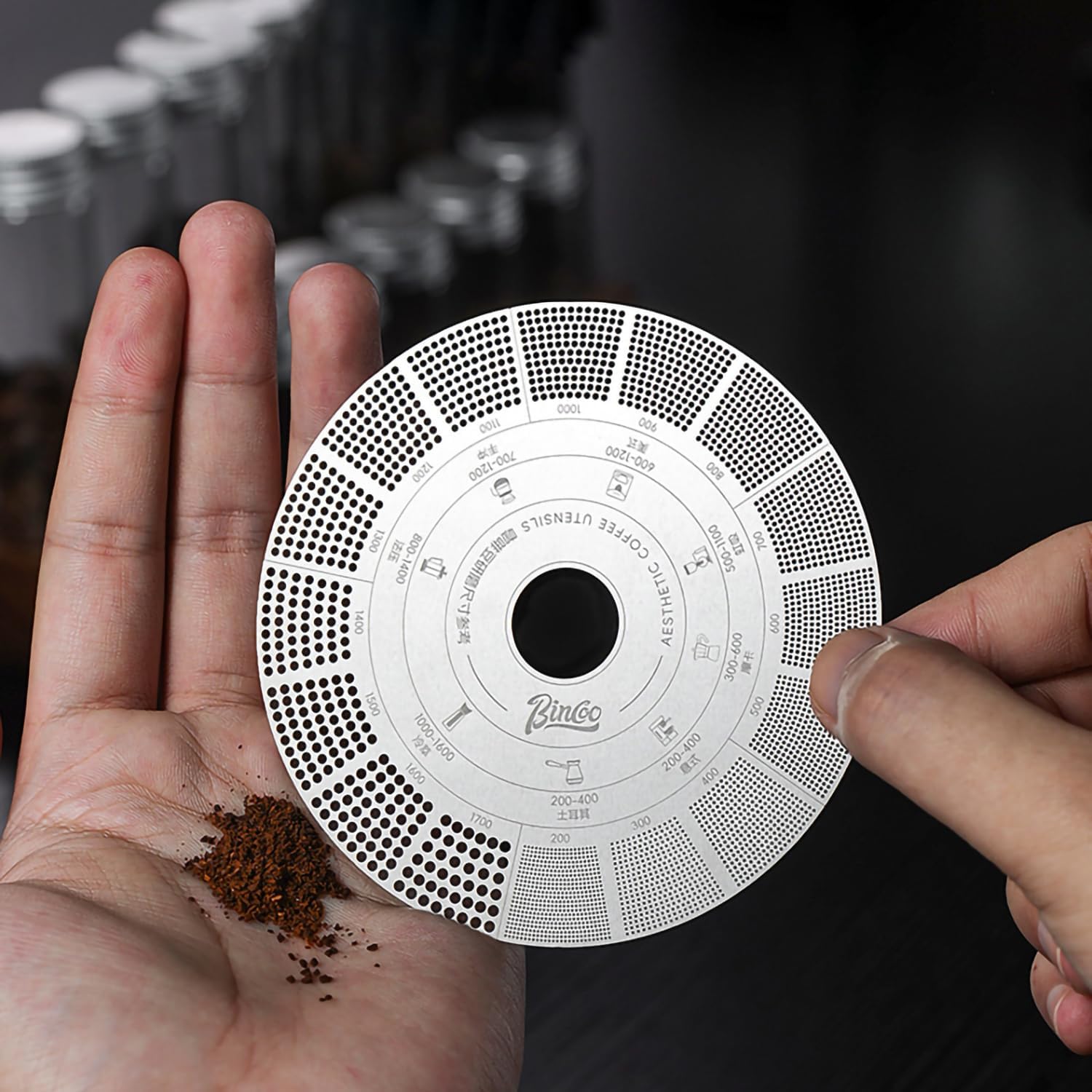 Professional Coffee Grind Size Chart 304 Stainless Steel Laser-Engraved Reference Card for 8 Brewing Methods 16-Level Comparison Guide (Silver, 10cm*10cm)