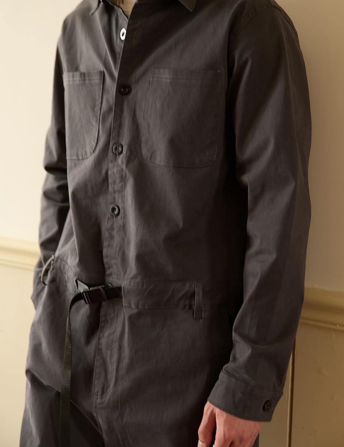 Men's Casual Gray Adjustable Waist Long Sleeve Stretch Jumpsuits