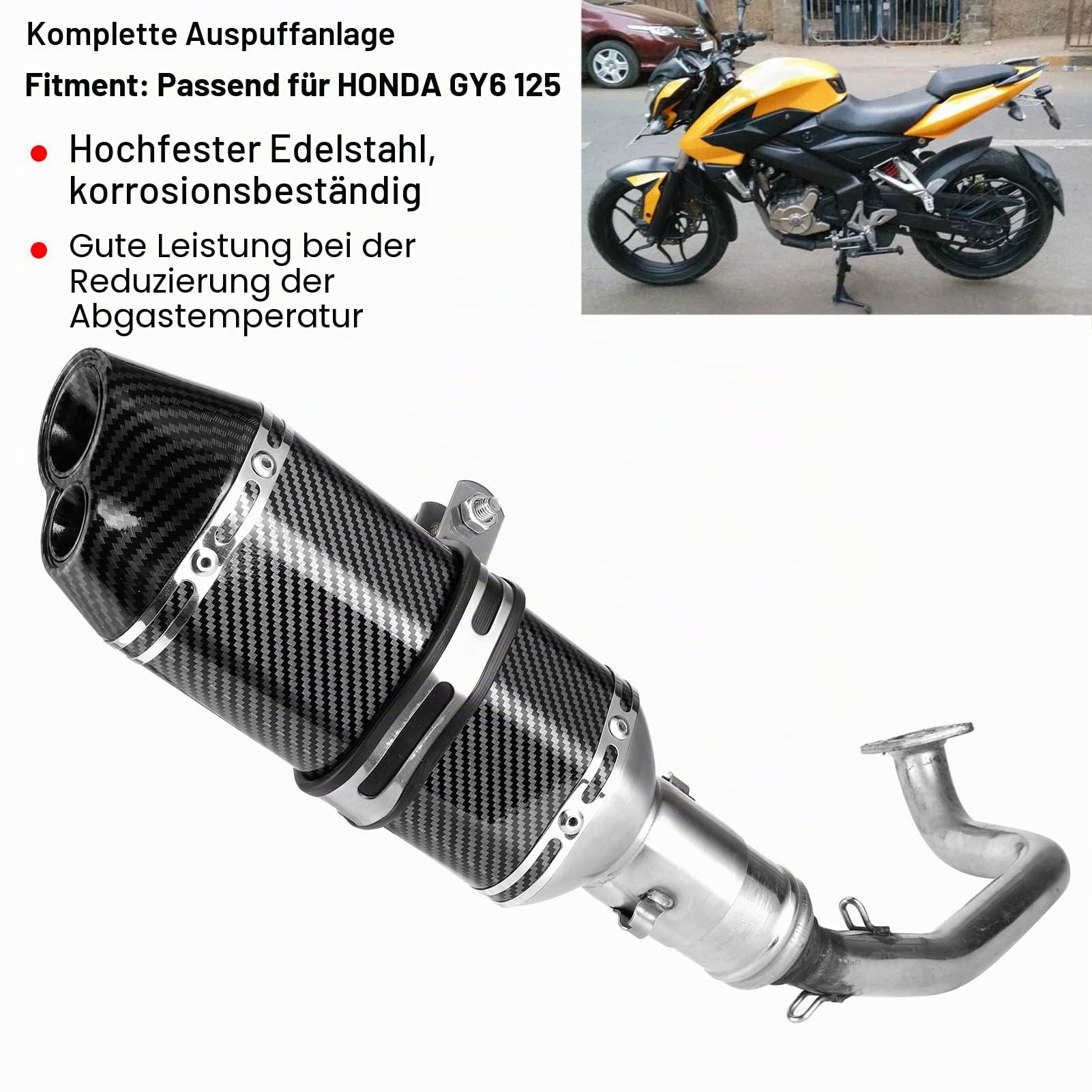 Vollständiger Auspuffkrümmer + Auspuff-Slip-On-Schalldämpfer Im Kohlefaser-Stil, Edelstahl-Auspuffkrümmer, Komplettes Auspuffrohr, Passend für GY6 125