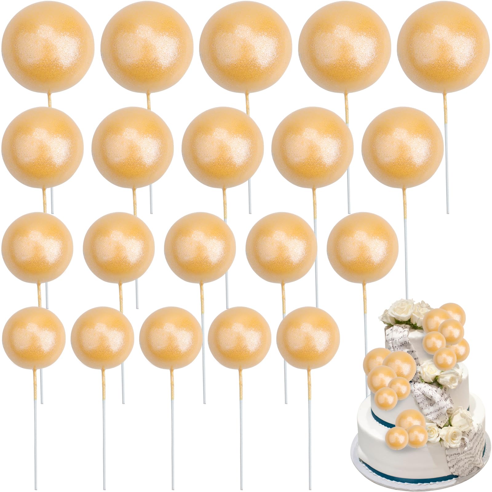 LHNNDM Ball Cake Topper Decorations, Birthday Cake Toppers, Mini Balloons Cake Topper Sticks for Birthday Wedding Baby Shower Party Decoration (Pearl-Finish Yellow)