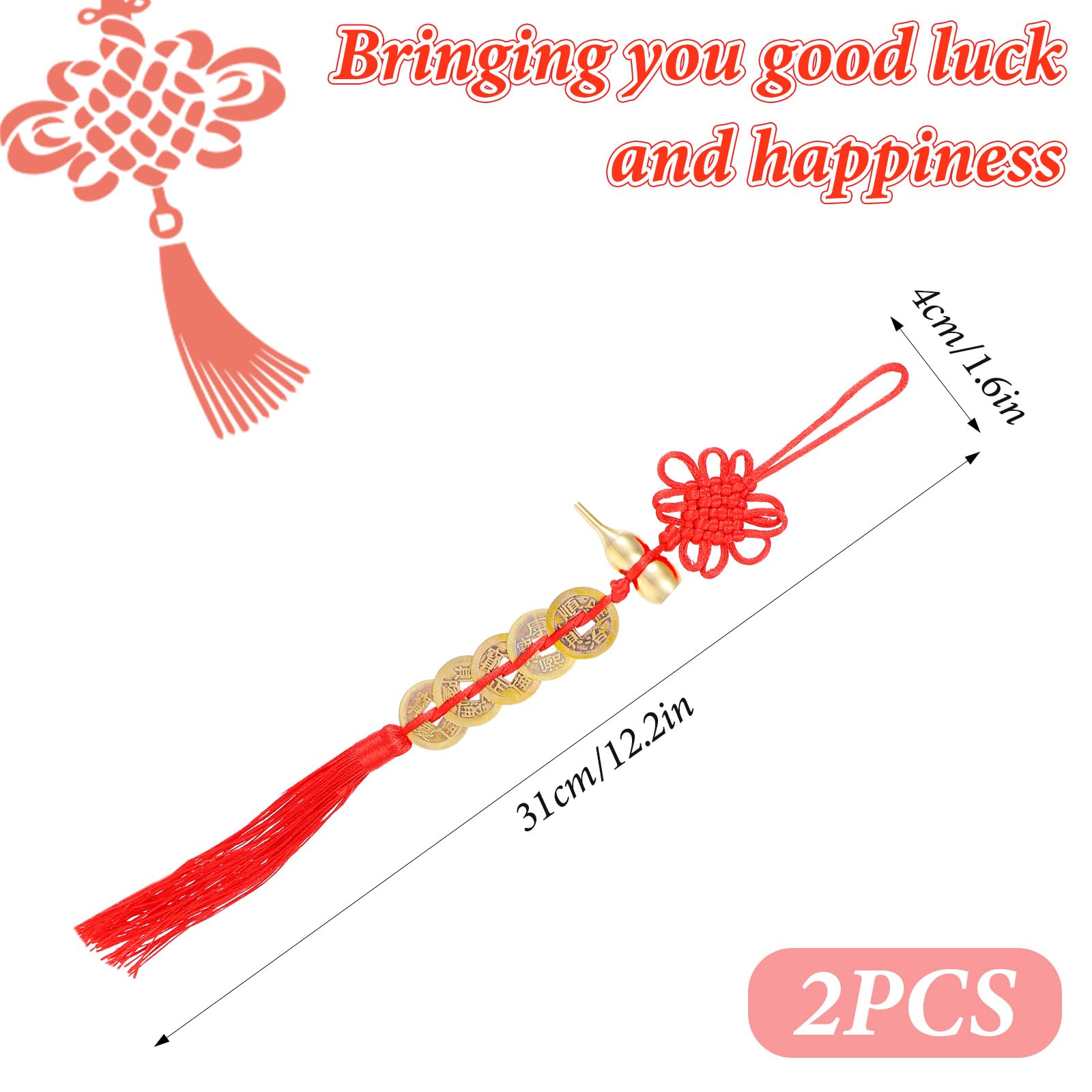 2PCS Feng Shui Good Luck Charms, Metal Gourd 5 Coins Feng Shui Decor, Red Chinese Knot Tassel Good Luck Gifts, Five Emperor Coins Blessing Gifts for Car Furniture Bag Home Office