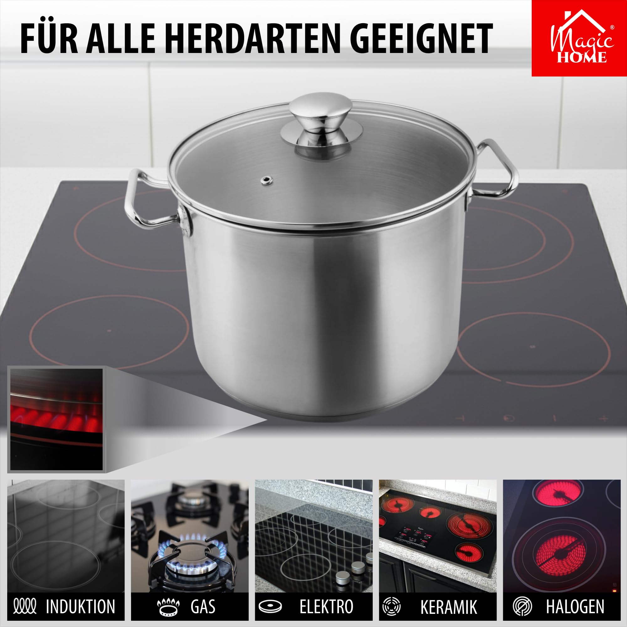 MAGIC HOME Edelstahl Kochtopf 30 cm 15 L mit Glasdeckel | INDUKTION | Großer Topf, Suppentopf, Deckel | 30cm | Hochwertiger Bratentopf | Alle Herdarten | Induktionstopf | Eintopf Gulasch | Tief |Chloe