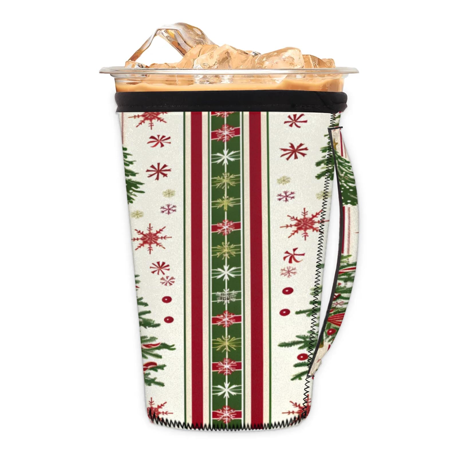 Striped Snowflake Christmas Tree Reusable Neoprene Coffee Sleeve with Handle Insulated Iced Coffee Cup Holder Reduces Condensation Fits 24-28 oz Cups M