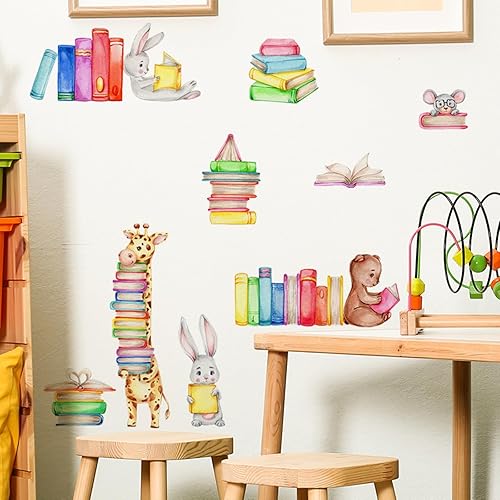 Miniatura 5 de Calcomanías de pared de libros de lectura de animales, calcomanías de pared para biblioteca, aula, guardería, sala de juegos, decoración removible