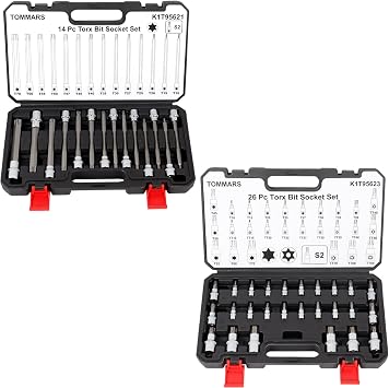 TOMMARS 40-PC Torx Socket Set, Torx Star Bit Socket Set 1/4", 3/8", 1/2" Drive T Sockets T10-T70 & TT10-TT70, S2 Alloy Steel