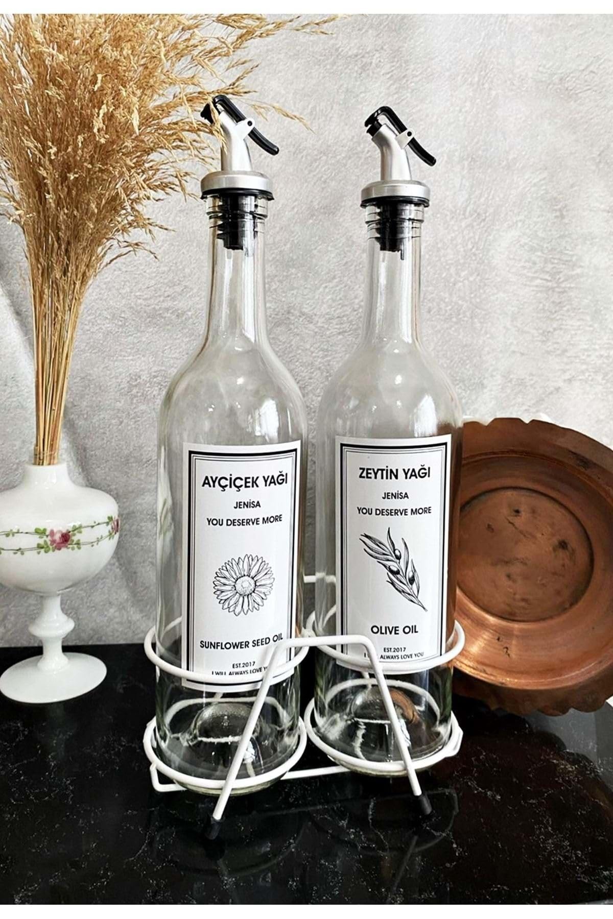 Jenisa Beyaz Standlı Akıtıcılı Şeffaf 750 Ml Beyaz Etiketli Yağlık Yağdanlık