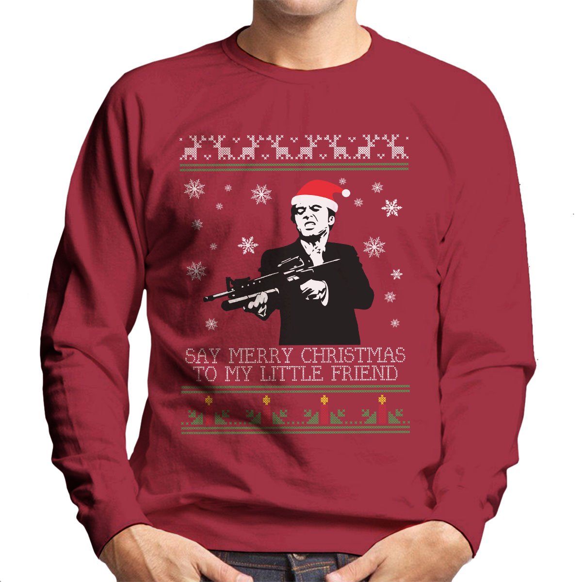 Cloud City 7 Men's Cherry Red Merry Christmas Little Friend Scarface Christmas Knit Sweatshirt