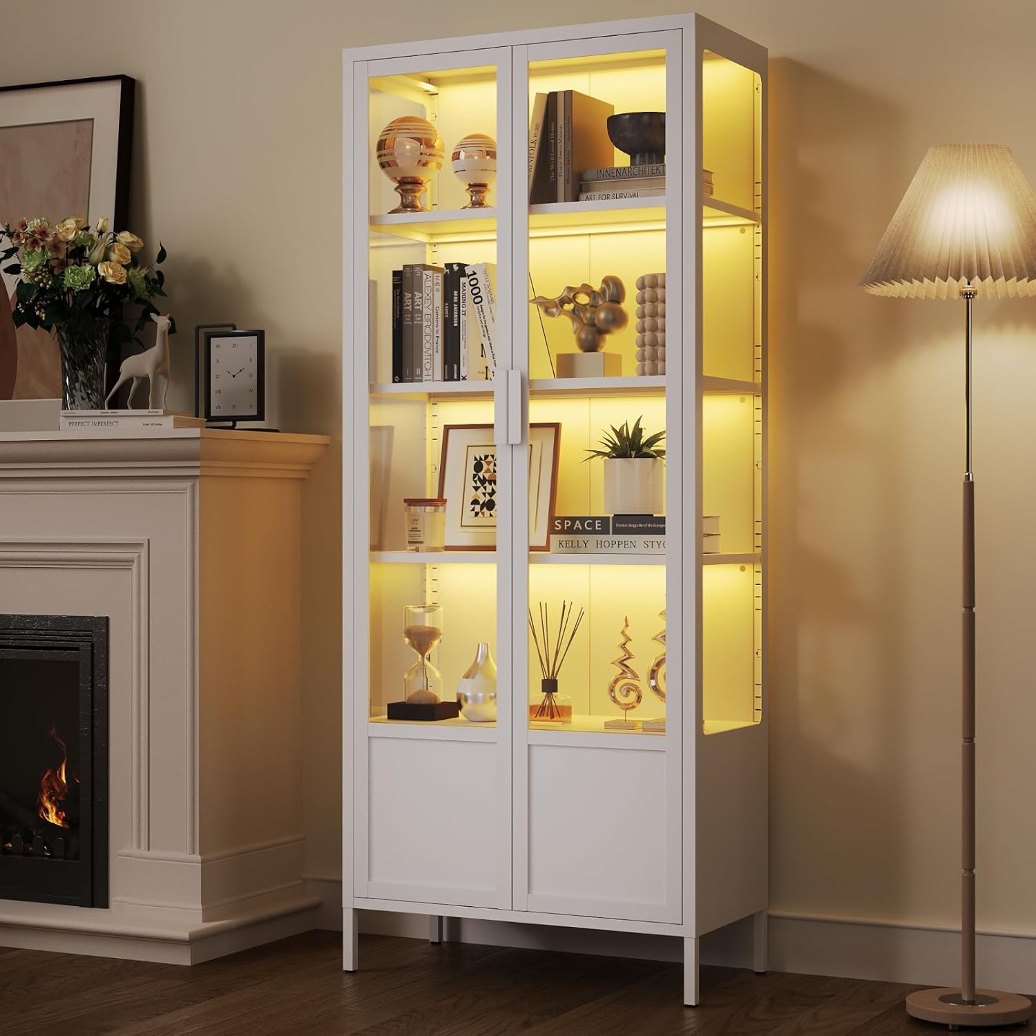 5-Tier Glass Display Cabinet with 13 Color Lights, 67" Curio Cabinet with Glass Doors & Adjustable Shelves, Metal Storage Cabinet Display Case for Collectibles Figures Trophies, White