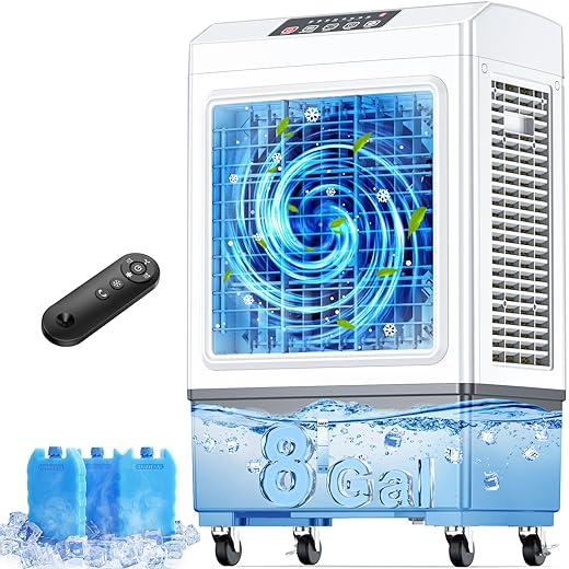 FANCOLE Windowless Air Conditioner, 2100CFM Evaporative Air Cooler with 3 Ice Packs, 700 Sq.ft Swamp Cooler Air Conditioner No Windows Needed w/3Mode & 3Speed, 7H Timer & Remote for Room Garage Patio