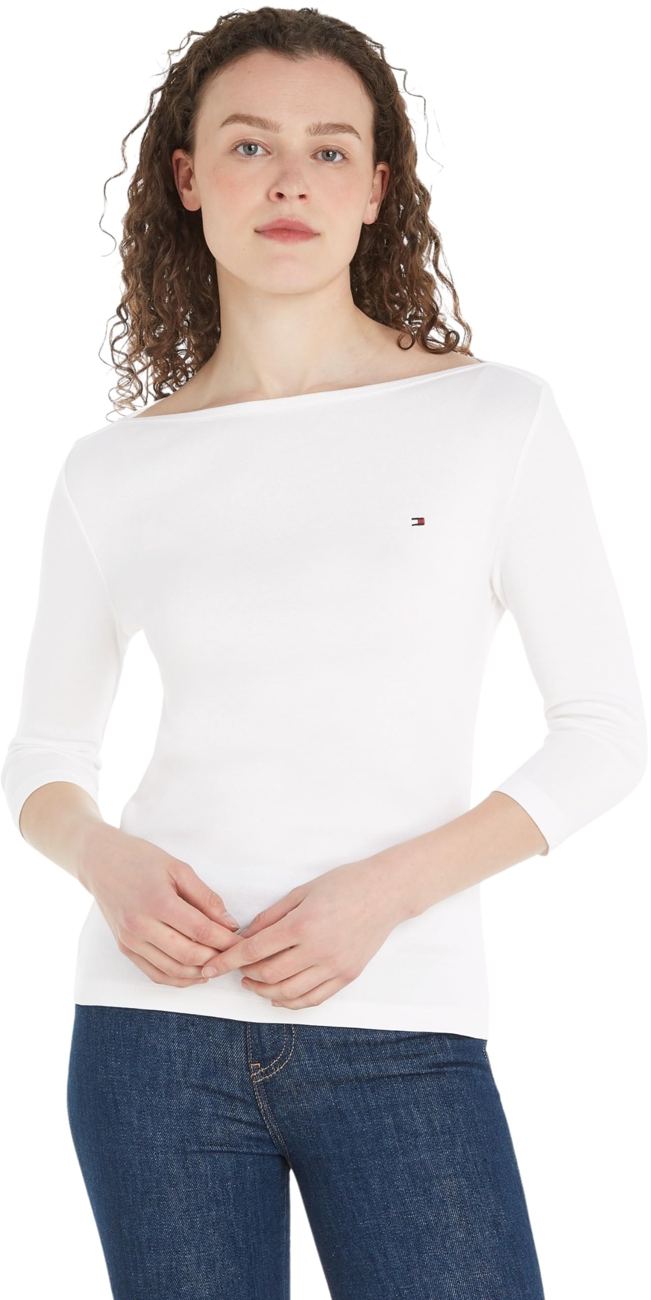 Tommy Hilfiger Damen T-Shirt Dreiviertelarm New Cody Slim U-Boot-Ausschnitt, Weiß (Ecru), XS