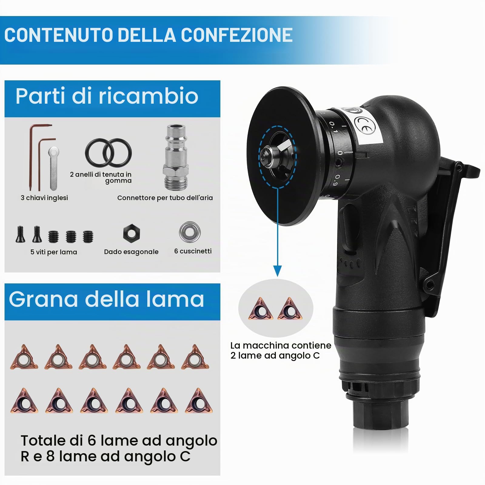 LALAGO Mini Smussatrice Pneumatica Portatile 2 in 1, Air Chamfering Tool con lame angolari 6C&6R, Mini Strumento ad Arco di 45 Gradi per Smussatura ad Aria Utensile per Taglio e Sbavatura dei Metalli