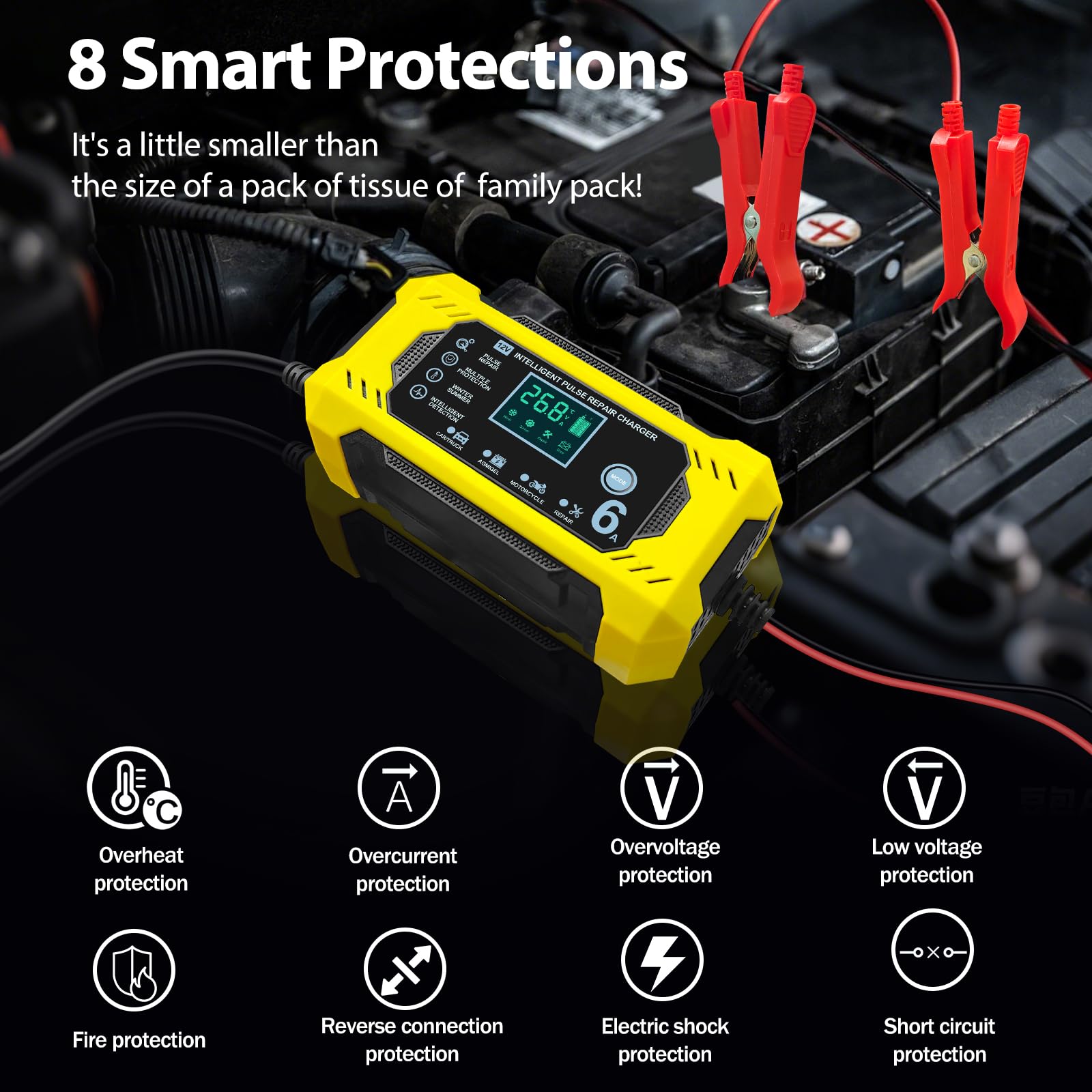 Carica Batteria per Auto, Caricabatterie Auto intelligente da 12V 6A con Schermo LCD Touch Screen, Rilevamento Automatico, Riparazione, Manutenzione e Protezioni Multiple per Piombo-Acido/AGM/Gel