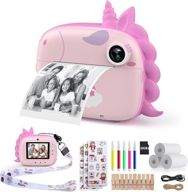 HiMont Kids Camera Instant Print, Digital Camera for Kids with Zero Ink Print Paper & 32G TF Card, Selfie Video Camera with Color Pens & Photo Clips for DIY, Gift for Girls Boys 3-14 Years Old (Pink)