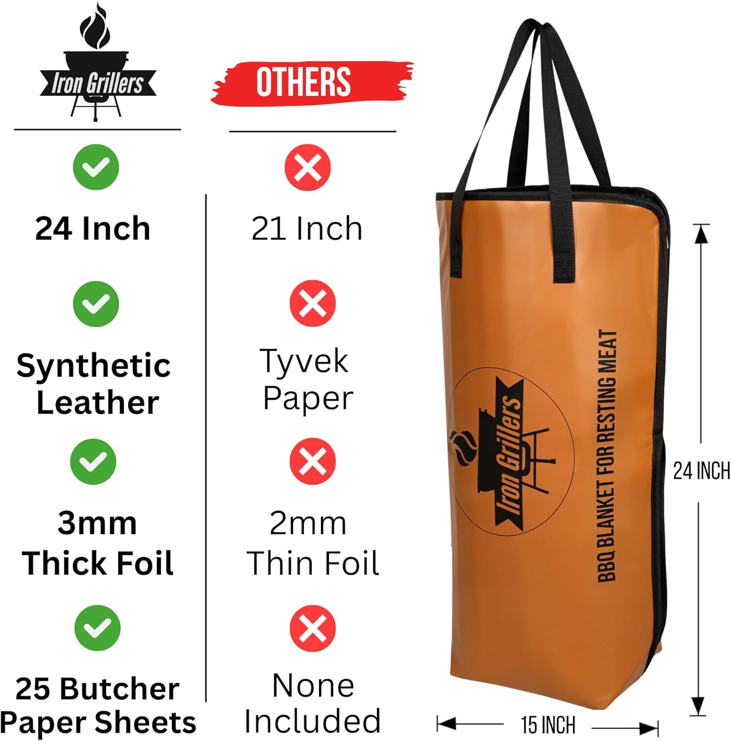 24" Leather BBQ Blanket for Resting Meat - Brisket Blanket Insulated Meat Resting Bag, Leak-Proof & Wide Mouth for Max Heat Retention - Built for Large Brisket, Pork, Beef & Turkey - (24 Inch Brown)