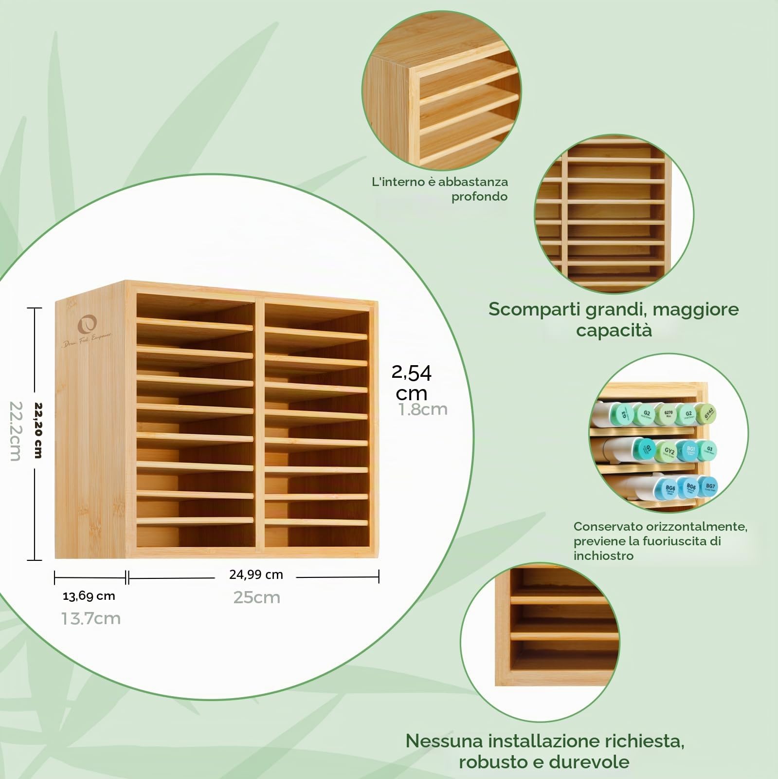 Ohuhu, organizer in legno di bambù, per riporre 126 pennarelli, penne, matite, pennelli artistici, cancelleria, con 18 scomparti, per casa, classe, ufficio
