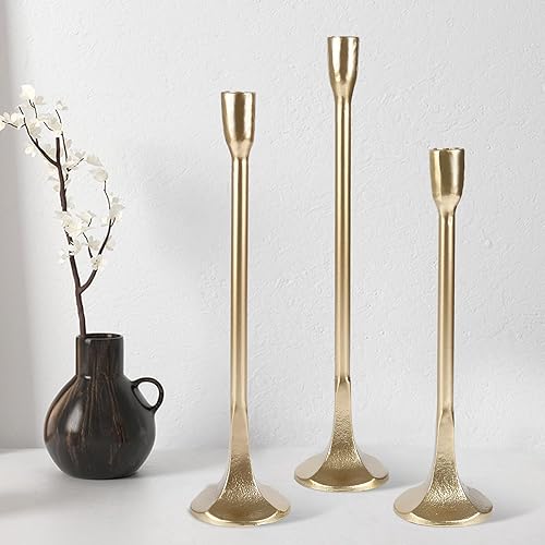 Juego de 3 portavelas cónico de hierro, portavelas altos dorados para candelabros, portavelas cónicos para velas, portavelas dorado Deco Vintage