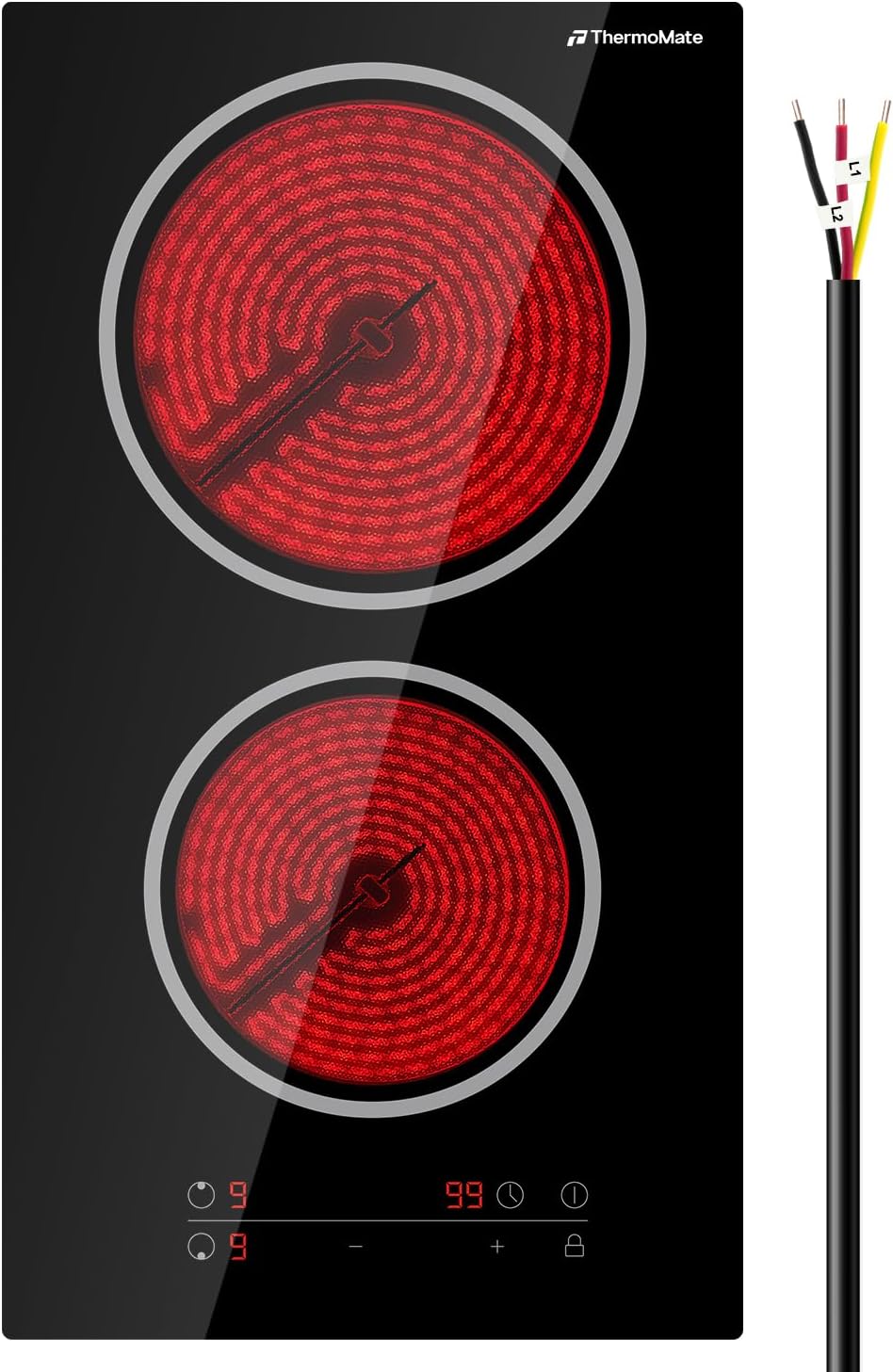 ThermoMate 2 Burners Electric Cooktop, 12 Inch Built in Electric Radiant Stove Top, 3200W Ceramic Glass Cooktop with Sensor Touch Control, 9 Heating Level, Chlid Lock & Timer, 220-240V Hard Wire