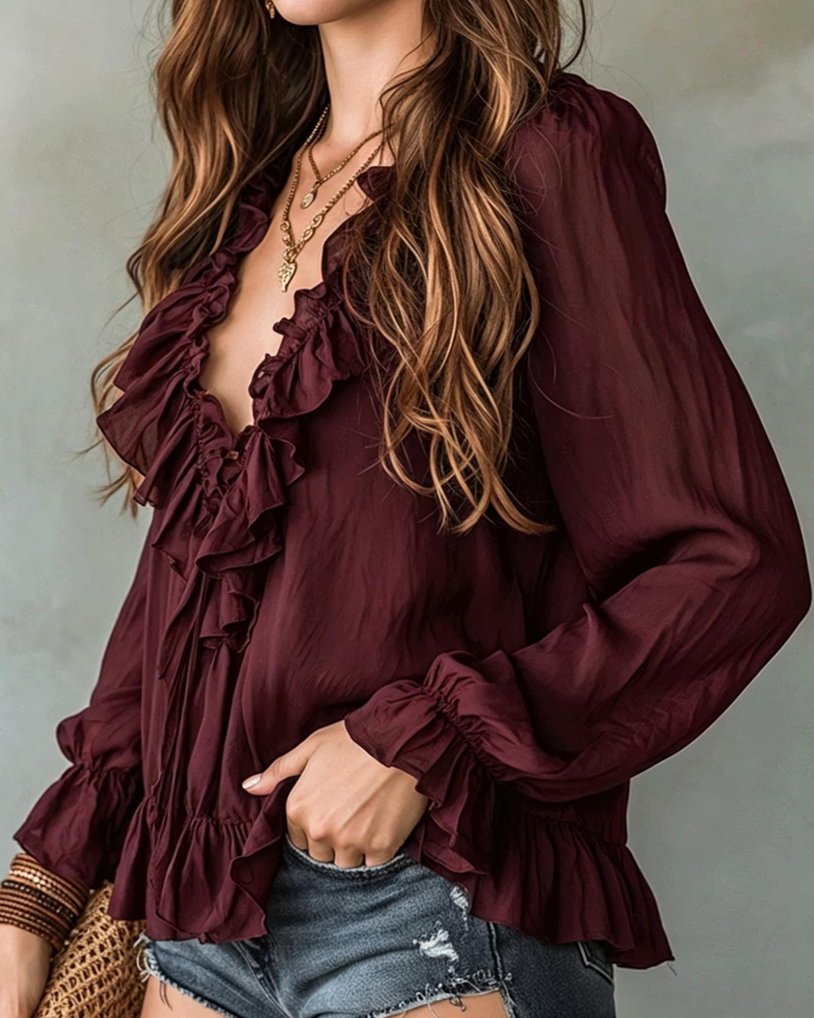 Blusa da donna a maniche lunghe con scollo a V e baschina, top casual | L'orlo a peplo largo offre una vestibilità comoda e non restrittiva