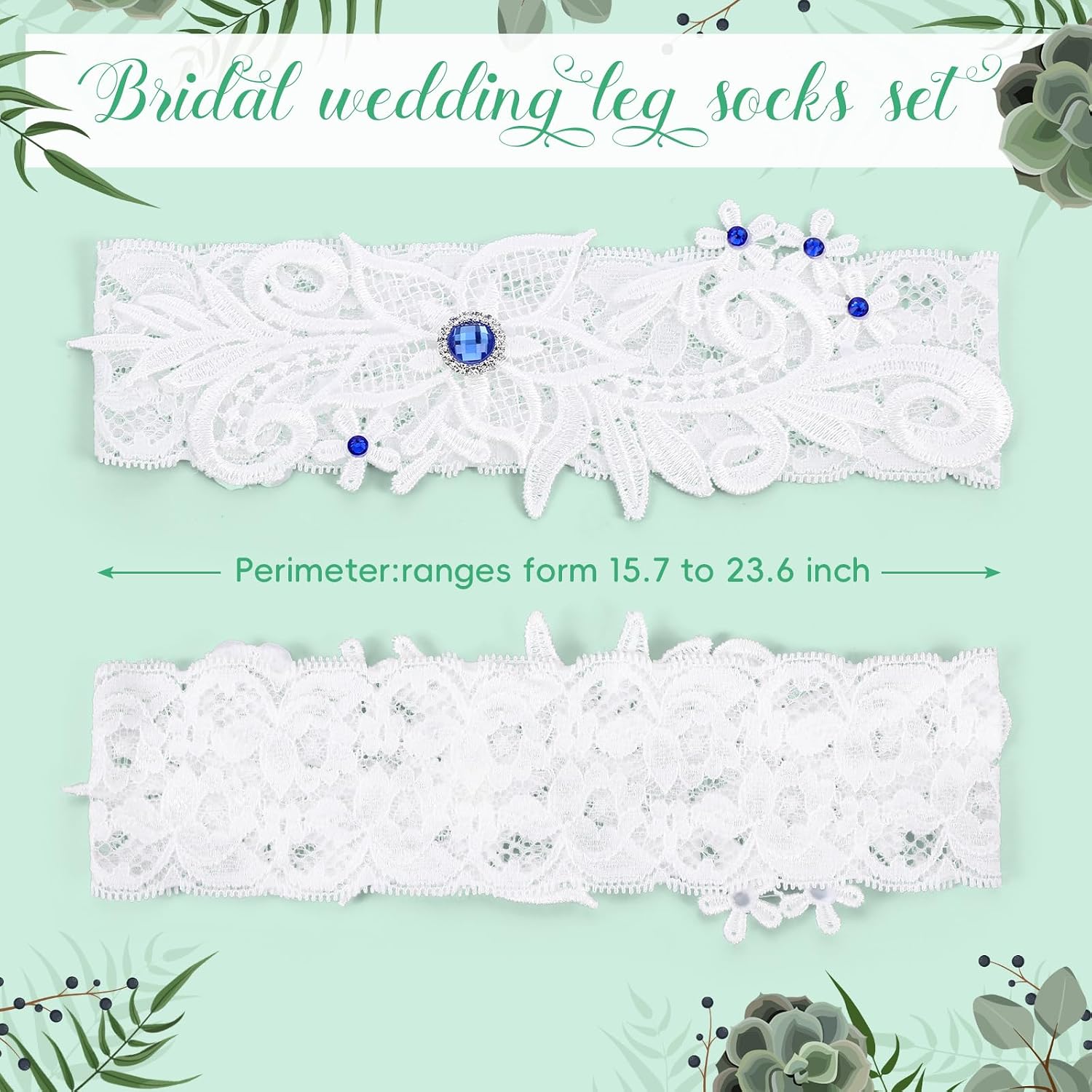 Syhood 2 Pcs Wedding Lace Garters for Bride Lace Floral Garter Set Bridal Leg Garters Belt with Blue Rhinestone for Women