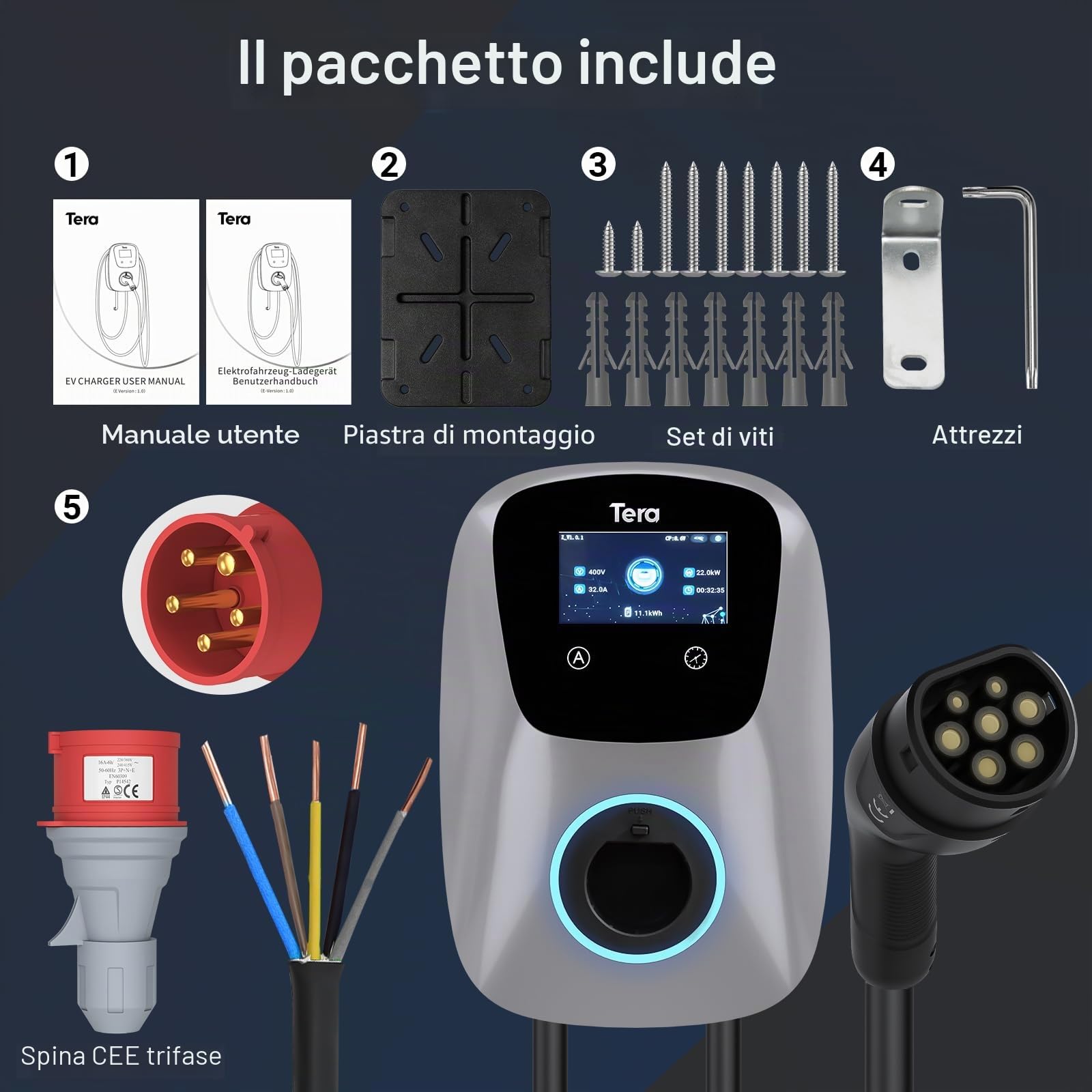 Tera EV Caricabatterie con Smart App 32A Tipo 2 22kW 400V CE e TUV Wallbox Cavo di Ricarica 7 Metri Staffa Caricabatterie Controllo Applicazione&Spina trifase CEE - Argento W01