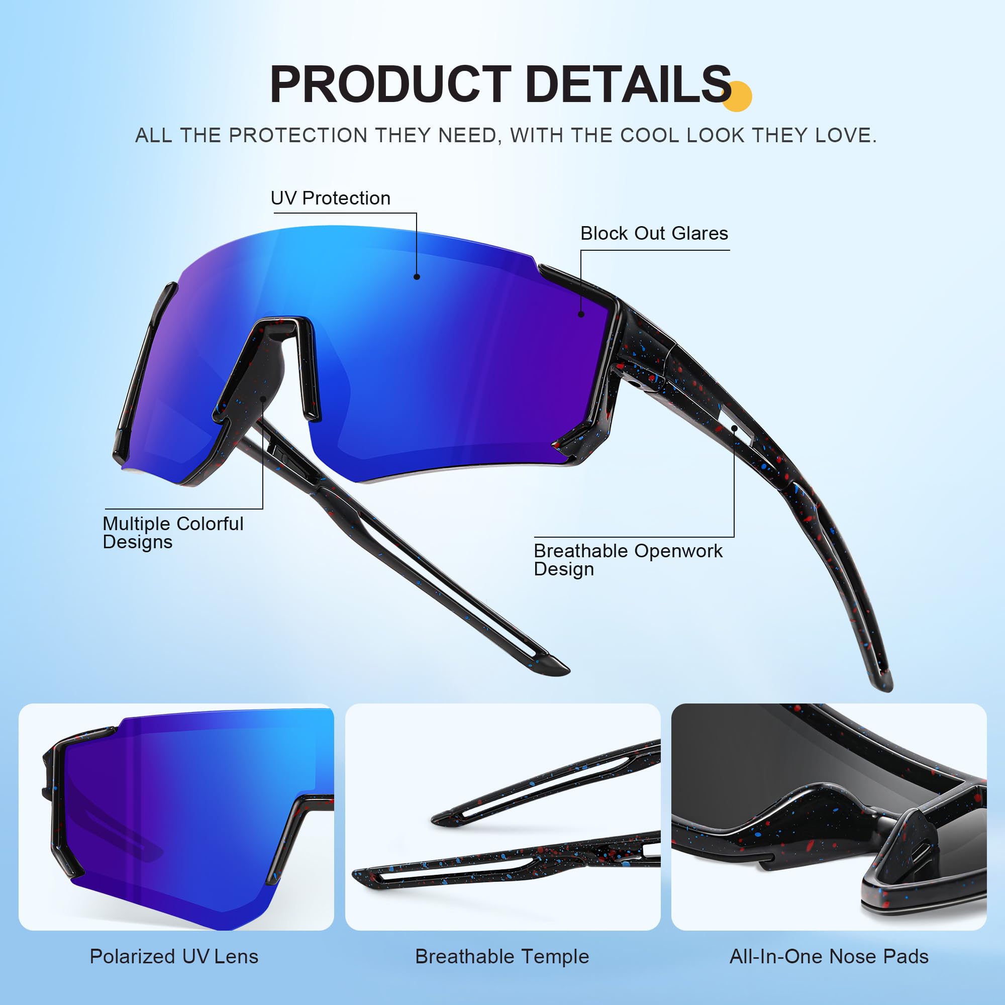 Kinder-Sonnenbrillen, Baseball-Sonnenbrillen für Jungen, Mädchen, Alter 4–12, Softball-Sport-, Radsportbrille, UV-Schutz, A01, Dunkelblau + Rosa, 3 Stück