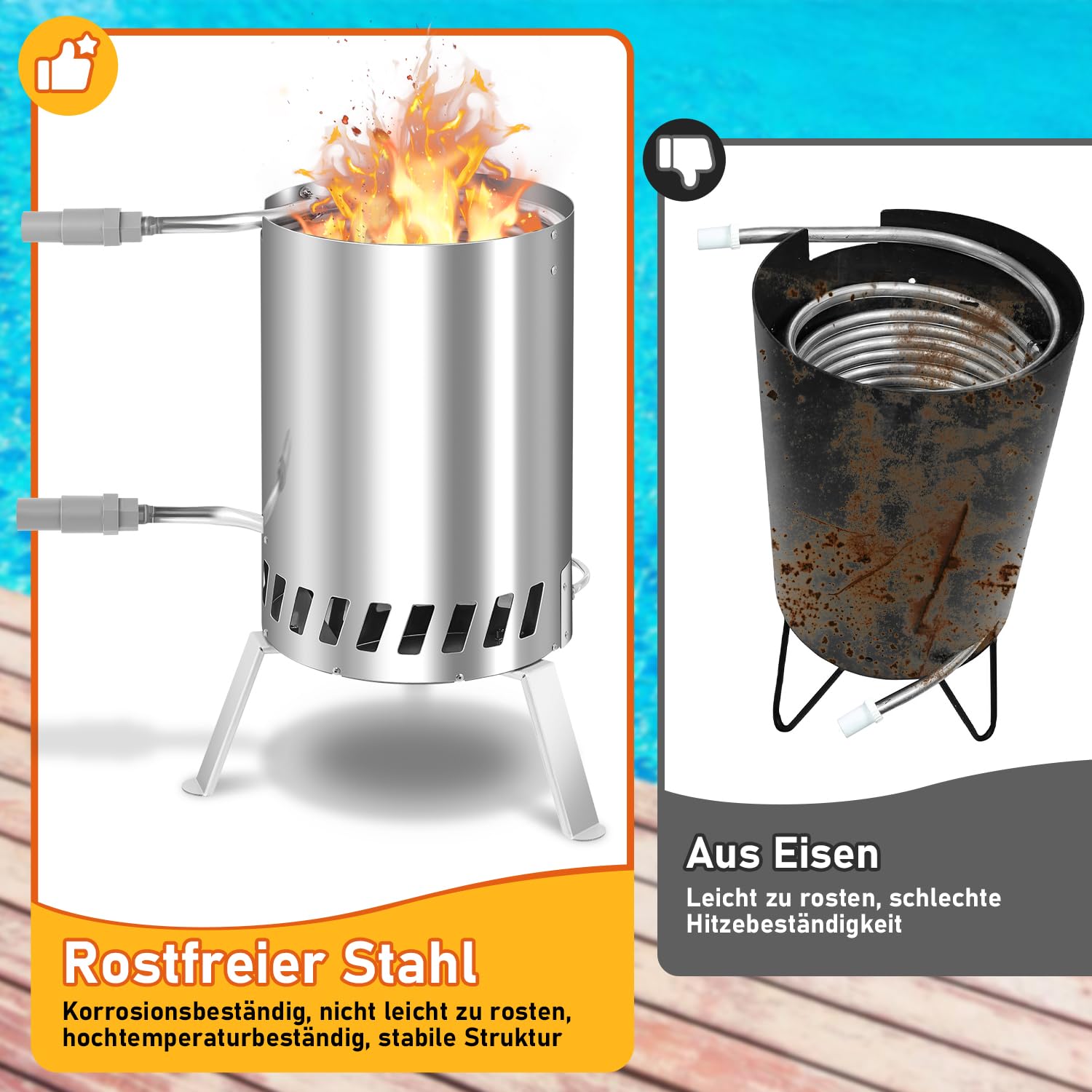 Calefacción para piscina de leña, calefacción de piscina con fuego, calentador de piscina, barril de fuego de acero inoxidable, cubo de fuego climatizado, 32/38 mm, conectores 100% de acero