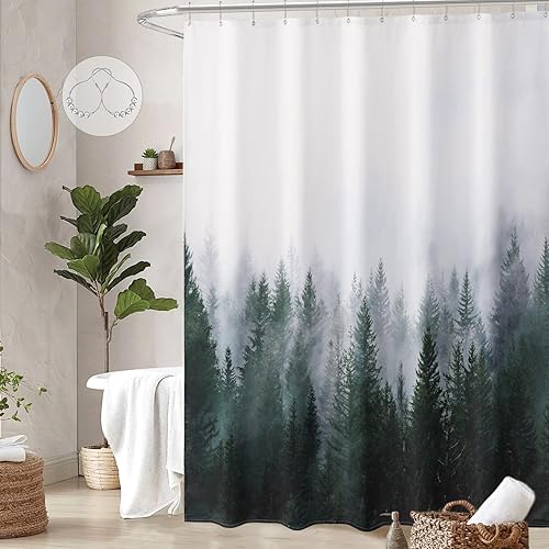 Miniatura 21 de ORTIGIA Cortina de ducha de 78 pulgadas de bosque neblinoso verde oscuro para baño, juego de cortina de ducha de naturaleza y bosque con ganchos