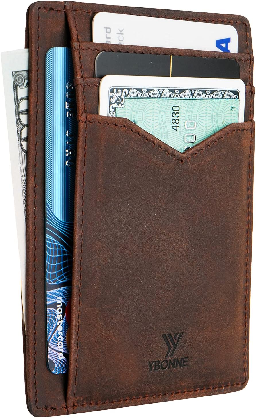 YBONNE Thin Front Pocket Wallet for Men and Women, RFID Blocking Card Holder, Made of Finest Genuine Leather (Brown) - Image 3